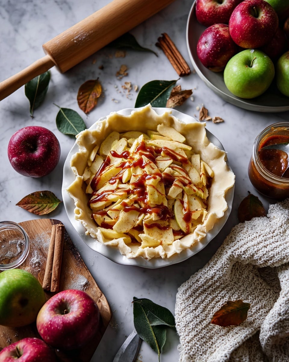 A white pie dish holds an uncooked apple pie with two main layers: the bottom layer is a pale dough with uneven edges folded over the sides, and the top layer is thin slices of pale yellow apples mixed with cinnamon and other spices. Thick ribbons of dark caramel sauce are drizzled over the apple slices on top. Around the pie dish are red and green apples scattered on a white marbled surface, along with a plate of red and green apples in the top right, a wooden rolling pin dusted with flour in the top left, some cinnamon sticks to the bottom left, a glass jar with brown sauce and a spoon in it near the bottom, and a knife resting on a wooden cutting board with red apples at the bottom. A chunky white knitted cloth is partly visible in the upper right corner. Some dry leaves with brown and green colors lie near the pie dish and scattered on the surface. photo taken with an iphone --ar 4:5 --v 7