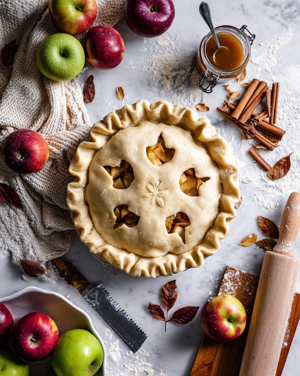 A homemade apple pie with a crimped edge crust sits in the center of a white marbled surface. The pie’s top crust has five small apple-shaped cutouts showing the brown and yellow apple filling inside. Around the pie are several red and green apples scattered on the surface, with some placed on a white knitted cloth and in a white bowl. There is a wooden rolling pin dusted with flour near the pie along with strips of dough. Nearby, cinnamon sticks lie close to a glass jar filled with a brown sauce and a spoon. A wooden cutting board with a red and green apple and a serrated knife is also visible. Some dried brown leaves add a rustic touch. photo taken with an iphone --ar 4:5 --v 7