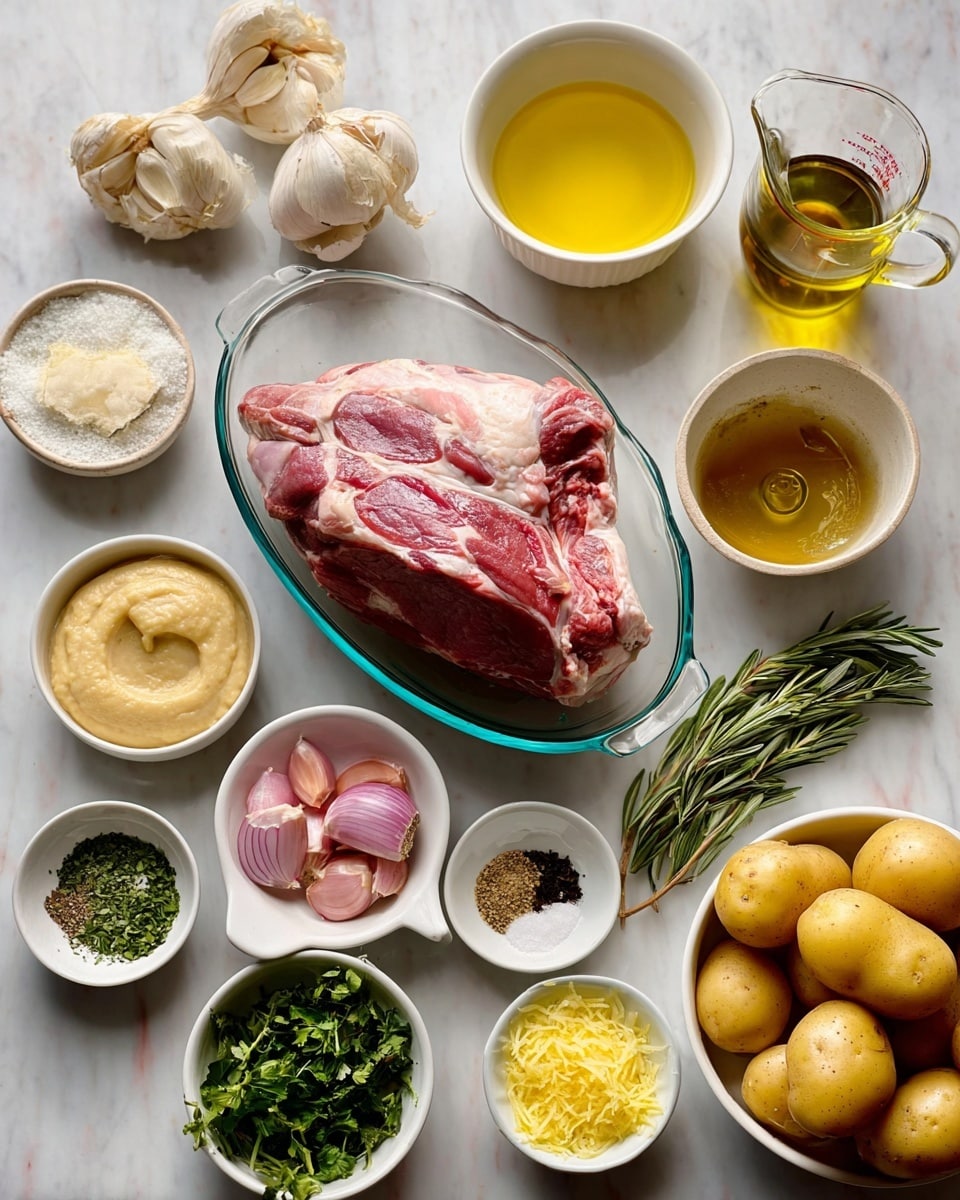 A large piece of raw meat with a pinkish-red color and white fat is placed in a clear oval glass dish in the center. Around it, there are several small white dishes and bowls containing various ingredients: chopped garlic in a small beige bowl, coarse salt in a white bowl, a thick beige paste in a white bowl, fresh green herbs in a white bowl, green rosemary needles in another white bowl, chunks of light pink shallots in a small beige bowl, black pepper and salt in a tiny white dish, a creamy yellow mustard spread in another small white dish, and finely grated yellow lemon zest in a small white scalloped bowl. A small glass jug holds golden olive oil, and a round white bowl holds clear pale yellow liquid. There is also a white bowl with several yellow potatoes, and a glass measuring cup filled with a light yellow broth. The background is a white marbled surface. Photo taken with an iphone --ar 4:5 --v 7