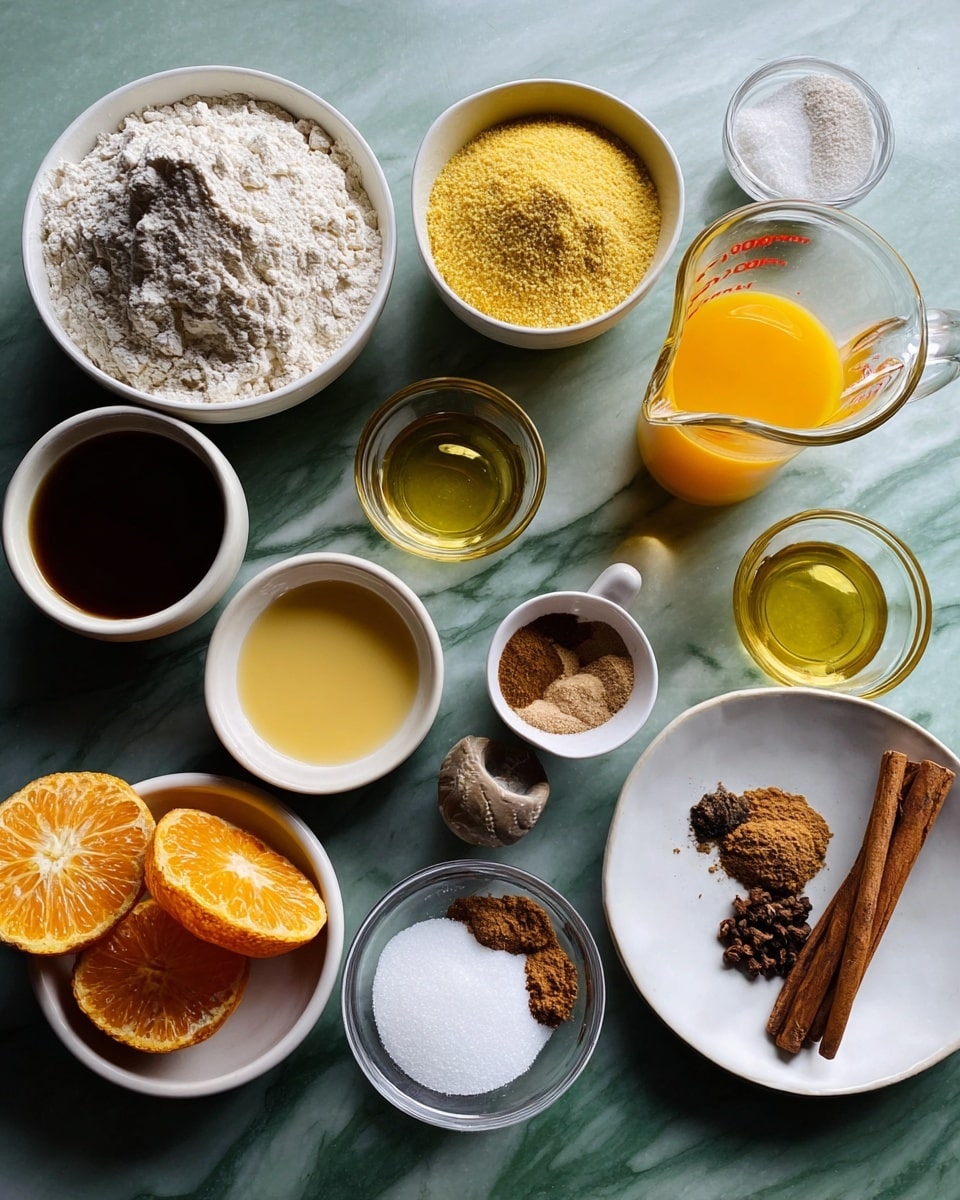 The image shows a flat lay of various ingredients arranged neatly on a white marbled surface. There are about thirteen small white bowls and glass measuring cups holding different items: a bowl of white flour with a slightly rough texture, a mound of fine yellow cornmeal, a clear glass cup filled with dark golden olive oil, a smaller glass pitcher with bright orange juice, and a small glass container with light yellow oil. In addition, there is a bowl with white granulated sugar, another with a mix of brown ginger and dark brown spice powders, a small dish with citrus peel zest, and another with granulated white salt. Whole spices like a cinnamon stick and cloves lie on a small white plate. A portion of squeezed-out orange halves rests on a small white plate at the edge. Each item is clearly visible with vibrant, natural colors against the white marbled background. photo taken with an iphone --ar 4:5 --v 7