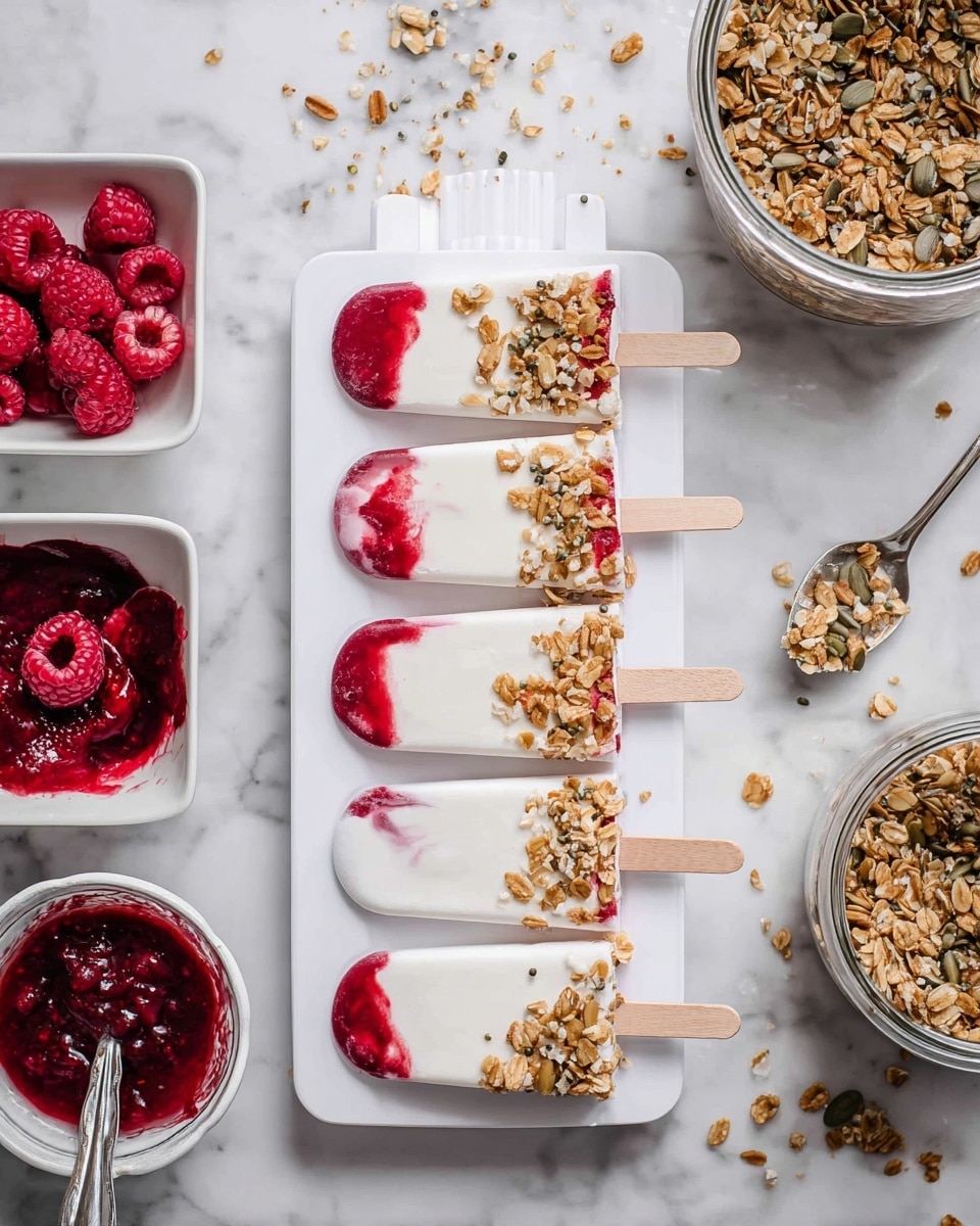 There are four popsicles in a white mold, each with three layers: a red jam layer at the wooden stick end, a thick white creamy yogurt layer in the middle, and sprinkled granola with oats and seeds on top. Around it are bowls and dishes with more ingredients: fresh red raspberries in a white square dish, red jam with seeds in a white bowl with a spoon, and a glass jar filled with granola. The whole scene is on a white marbled surface with some granola scattered around. photo taken with an iphone --ar 4:5 --v 7