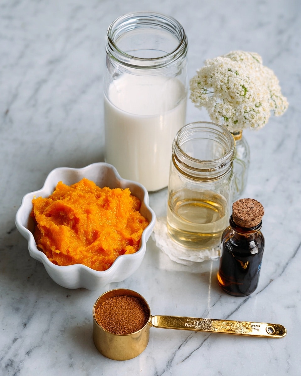 The image shows five ingredients placed on a white marbled surface: a small white flower-shaped bowl filled with bright orange pumpkin puree on the left side, a clear glass jar filled with white milk behind the puree, a small glass jar with a golden liquid next to the puree in front, a gold measuring spoon filled with brown ground spice laid on the surface near the center, and a small clear glass bottle with dark liquid on the right side. photo taken with an iphone --ar 4:5 --v 7