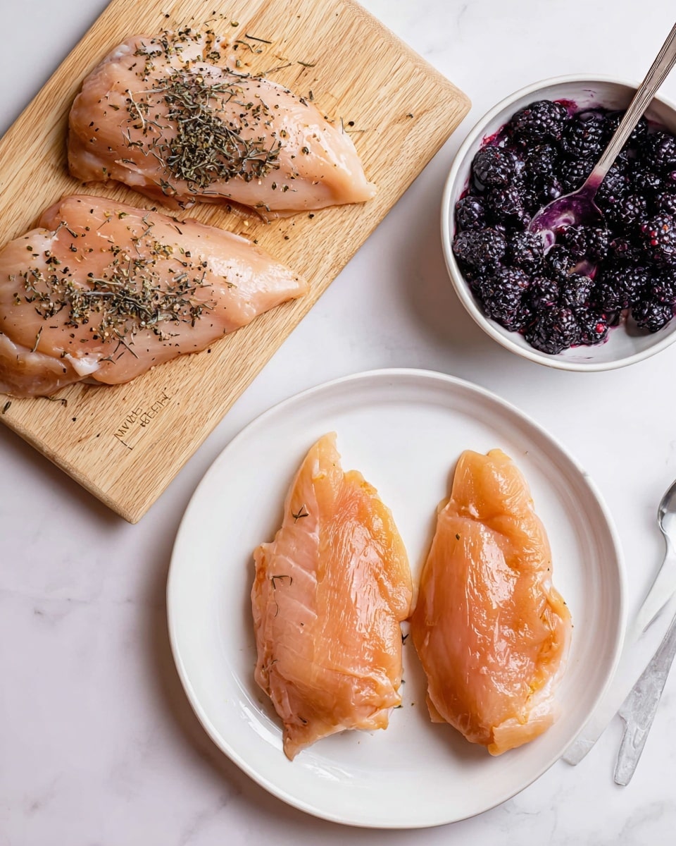 The image shows three pieces of raw seasoned chicken on a light wooden cutting board in the top left, seasoned with small black and green herbs. On a white plate at the bottom right, there are two pieces of similar raw chicken with a smooth, slightly shiny orange-pink texture and herb seasoning spread evenly. At the top right, a white bowl contains dark purple crushed blackberries with a slightly wet and juicy texture, with a silver fork and spoon resting inside. All items are placed on a clean white marbled surface photo taken with an iphone --ar 4:5 --v 7