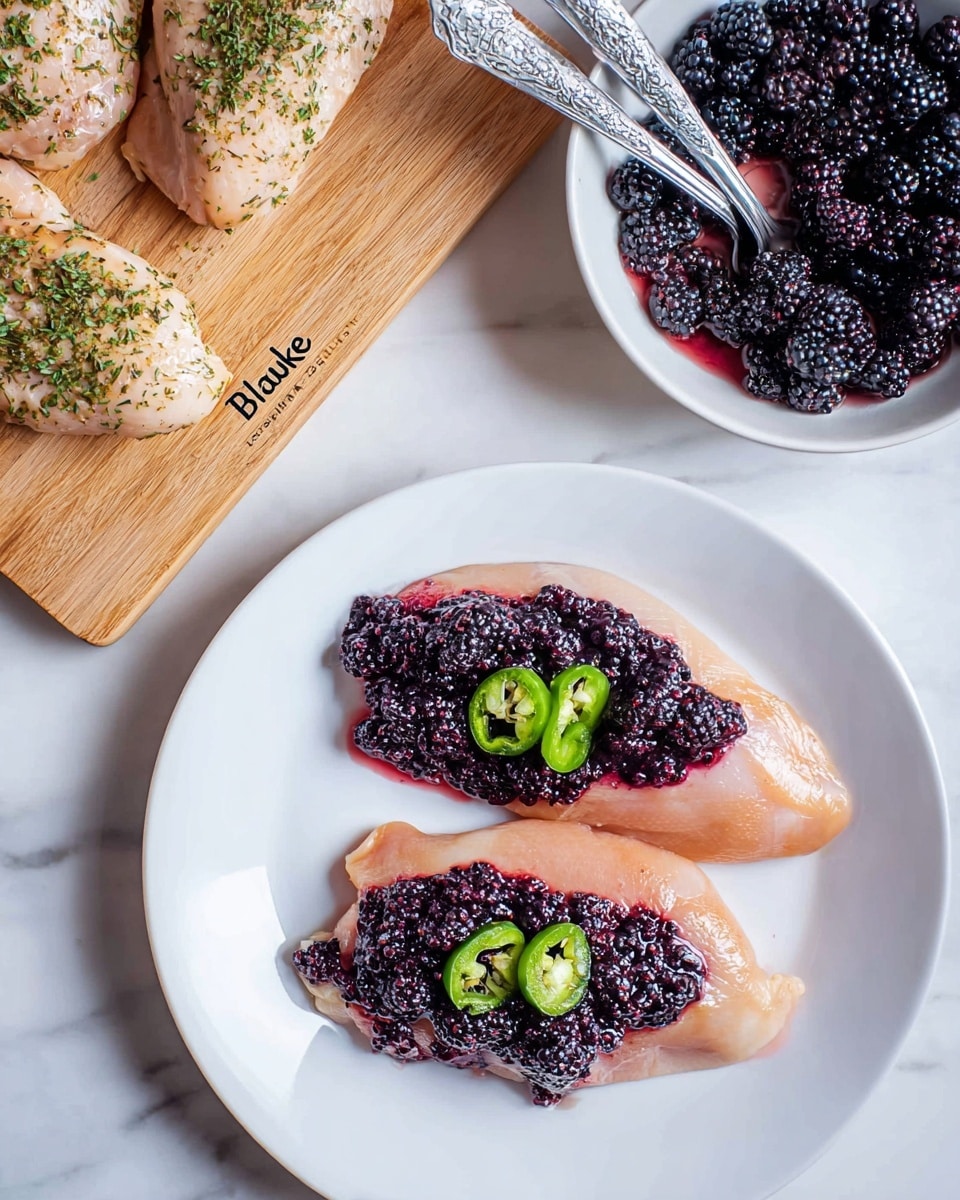 The image shows two raw chicken pieces on a white plate, each topped with a thick layer of dark purple smashed blackberries; one piece is also decorated with three slices of green jalapeño pepper arranged on top of the blackberries. To the upper right, there is a white bowl filled with more smashed blackberries and two silver forks resting inside. In the top left corner, there are three raw chicken pieces seasoned with herbs placed on a wooden cutting board with the brand name