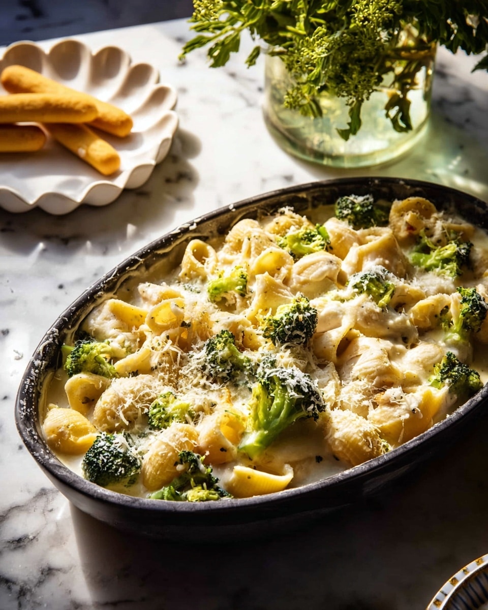 A close-up shot of a dark oval dish filled with a creamy pasta bake on a white marbled surface. The dish has three main layers visible: the pasta, which is yellow and comes in tube and shell shapes; small bright green broccoli florets scattered evenly throughout; and a thick white sauce that coats the pasta and broccoli, sprinkled lightly with grated cheese that looks soft and crumbly. In the background, a white scallop-edged plate holds a couple of small golden breadsticks, and a glass vase filled with green leaves adds a fresh touch. The lighting is warm, casting soft shadows, showing the textures well. Photo taken with an iphone --ar 4:5 --v 7