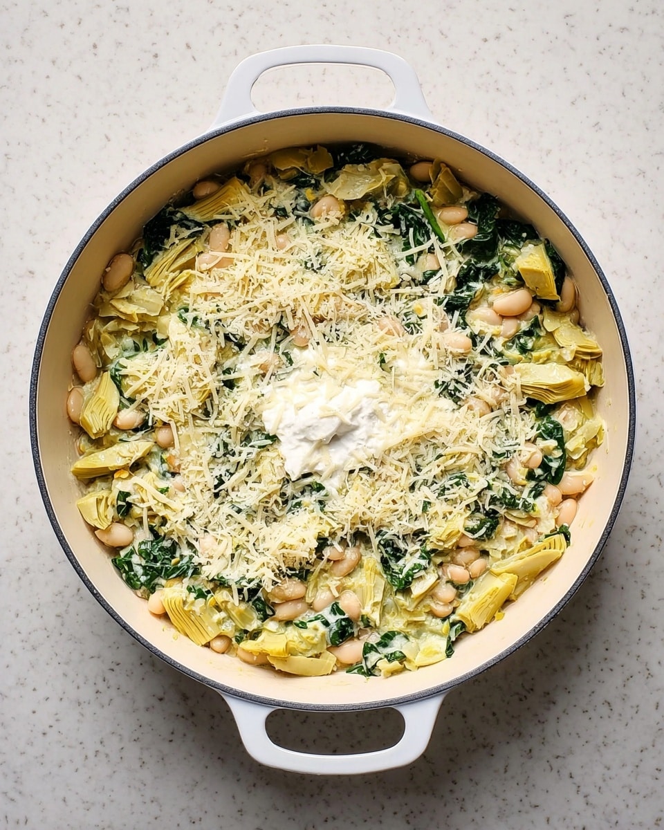A white pot filled with a layered mix of cooked yellow artichoke pieces, white beans, and chopped dark green leafy vegetables spread evenly throughout. The top layer has finely grated light-colored cheese scattered widely, with a dollop of white creamy sauce placed near the center. The pot is placed on a white marbled surface. Photo taken with an iphone --ar 4:5 --v 7