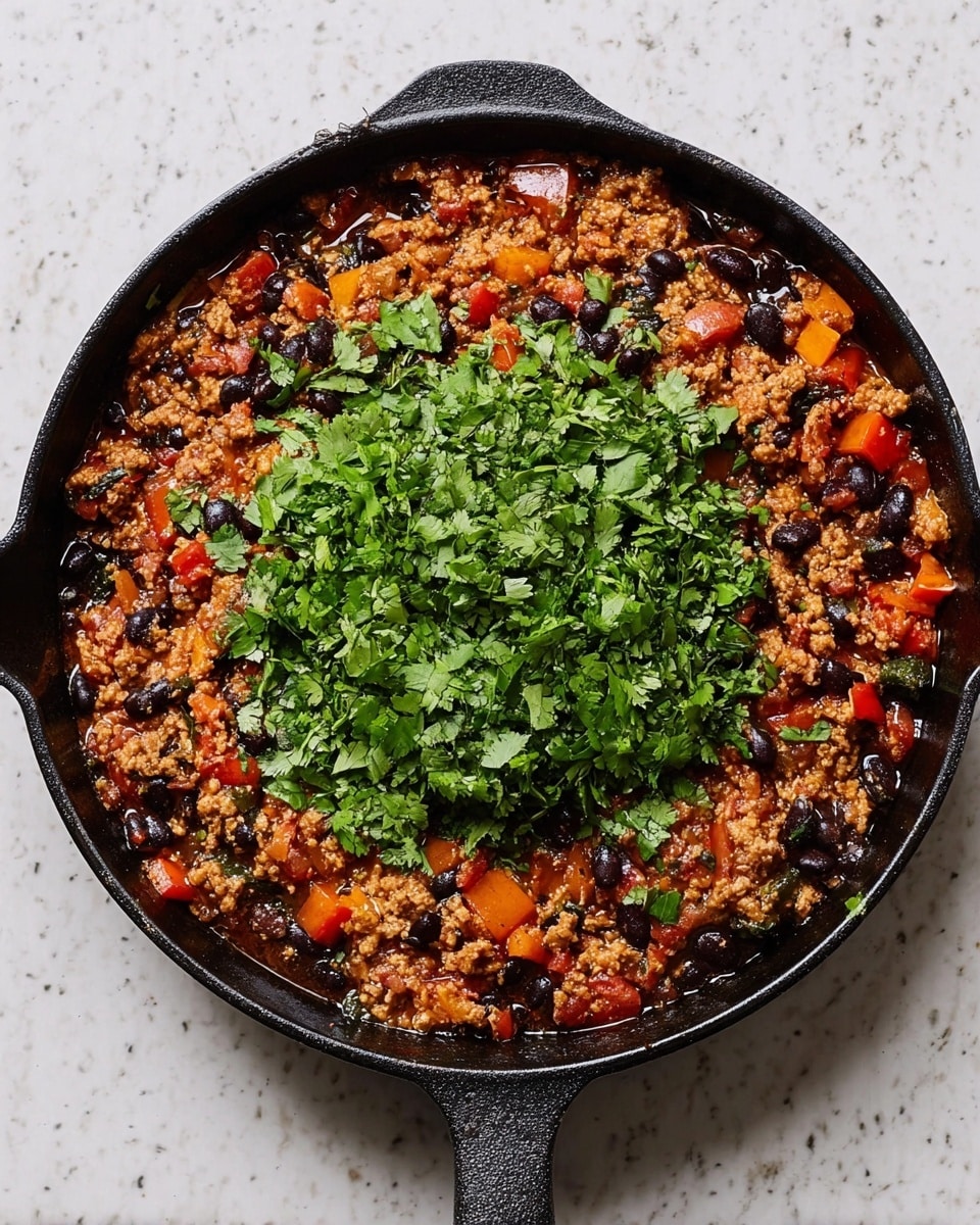 A black cast iron pan filled with a cooked mixture that has three main layers: the base layer is a mix of light brown ground meat and black beans, scattered with medium-sized diced bright orange bell peppers and bits of red tomatoes, the middle layer is a thin sauce coating the ingredients giving a shiny look, and the top layer is a generous pile of fresh green chopped cilantro placed right in the center. The pan sits on a white marbled surface. Photo taken with an iphone --ar 4:5 --v 7