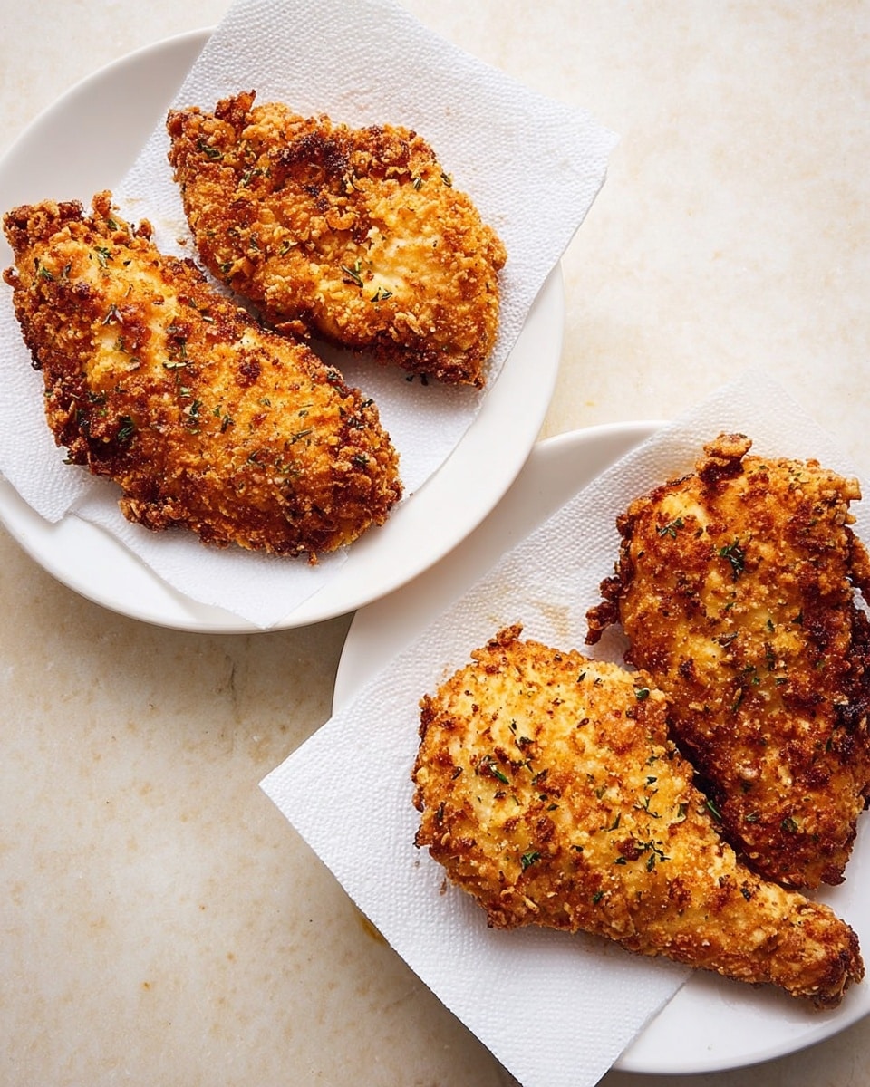 The image shows two white plates with two pieces of golden brown fried chicken on each, resting on white paper towels that have absorbed oil. The chicken pieces have a crispy, uneven crumb coating with small green herb flecks visible on the surface. The plates are placed on a white marbled surface, and the chicken is arranged neatly with some space between each piece. The lighting highlights the crunchy texture and varying shades of golden brown on the chicken. photo taken with an iphone --ar 4:5 --v 7