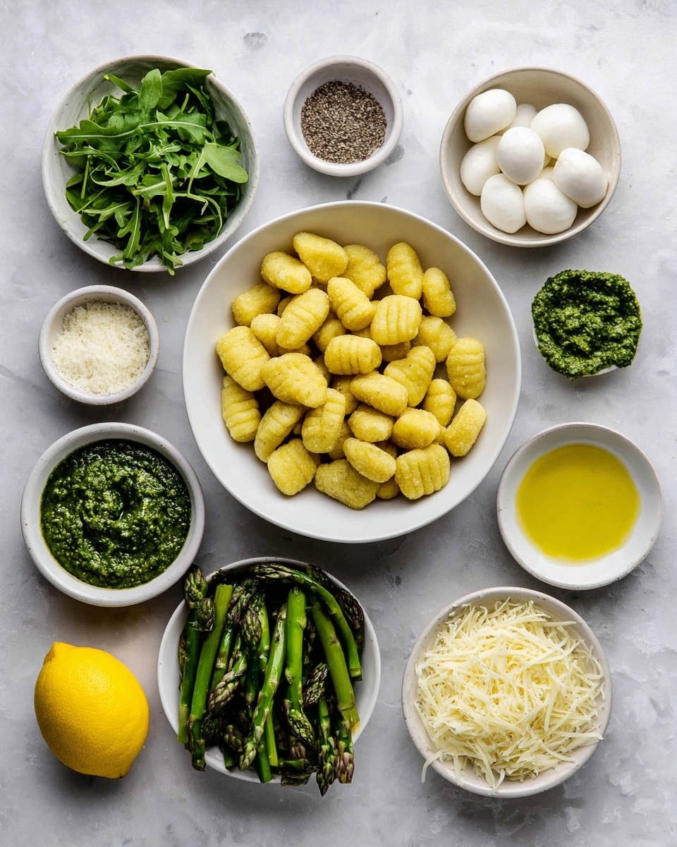 The image shows a white bowl filled with yellow gnocchi placed in the center, surrounded by small white bowls containing different ingredients: green chopped asparagus on the right, small white mozzarella balls at the top left, dark green arugula leaves at the bottom left, two bowls with bright green pesto below the asparagus, a bowl of salt and pepper above the gnocchi, a bowl of shredded white cheese to the right of the salt, a bowl of yellow olive oil, and a lemon wedge at the bottom left corner. All bowls are arranged on a white marbled surface photo taken with an iphone --ar 4:5 --v 7