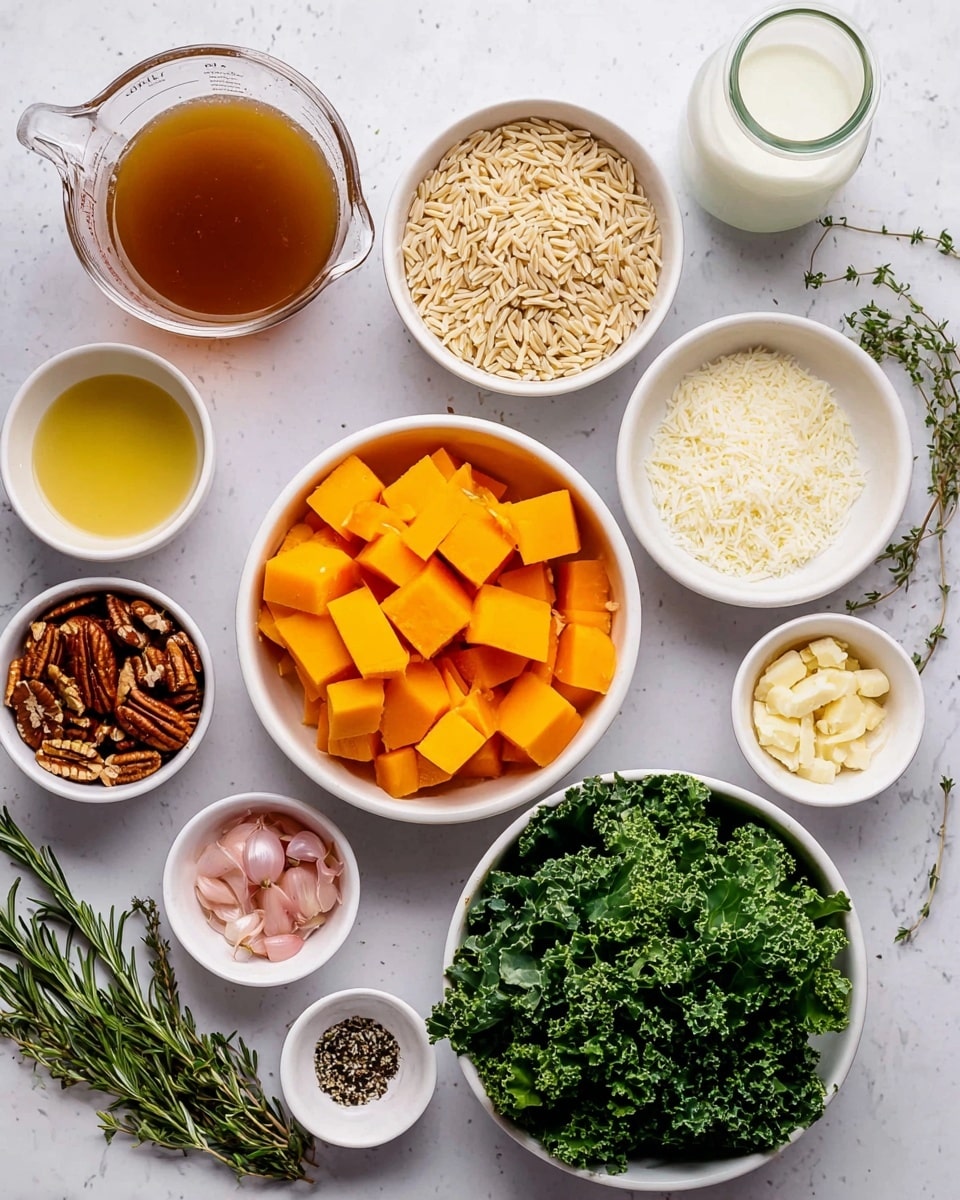 Several small white bowls are arranged on a white marbled surface, each holding different ingredients. In the center, a large white bowl contains bright orange cubed squash. To its right, a white bowl holds green leafy kale with curly edges. Above the kale, a small white bowl is filled with grated white cheese. To the left of the cheese, another bowl holds small, pale pink chopped shallots. A bowl above the shallots has uncooked orzo pasta, light tan in color. A measuring cup on the left side contains a clear brown broth. Smaller bowls around the center hold minced garlic, light yellow olive oil, pecan nuts, salt, ground pepper, fresh rosemary, sprigs of thyme, and small cubes of butter. A glass jar of milk is near the top right. The layout is neat, with ingredients spaced evenly on the white marbled surface. Photo taken with an iphone --ar 4:5 --v 7