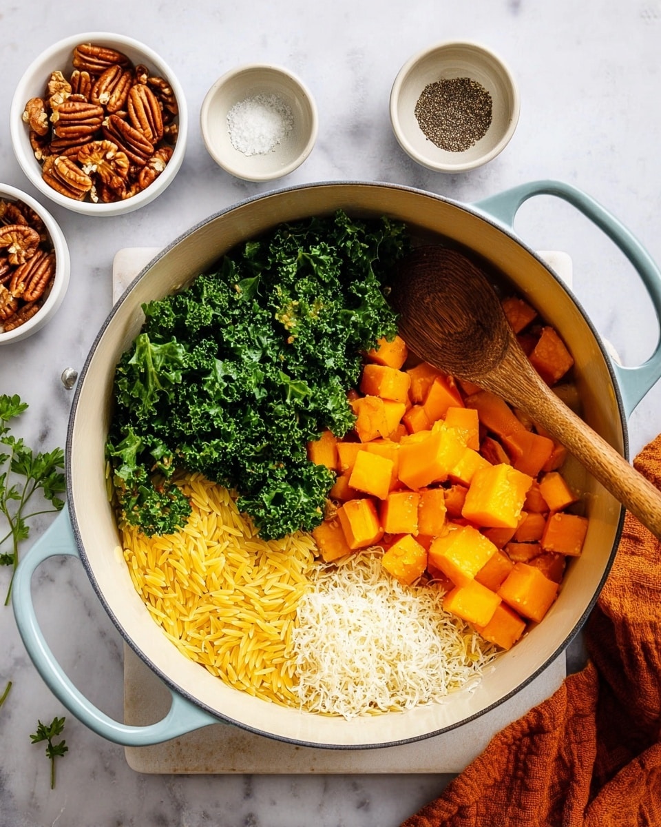 In a white pot with light blue handles, there are four clear layers of ingredients: a bottom layer of yellow orzo pasta, a small white pile of grated cheese on the right, bright orange cubed butternut squash in the center and top, and fresh dark green kale leaves on the left side. A wooden spoon rests on the right edge inside the pot, partially over the pasta and cheese. The pot is placed on a white marbled surface, with small white bowls of salt, black pepper, and pecans around it, and a rust-colored napkin on the lower right side. Photo taken with an iphone --ar 4:5 --v 7