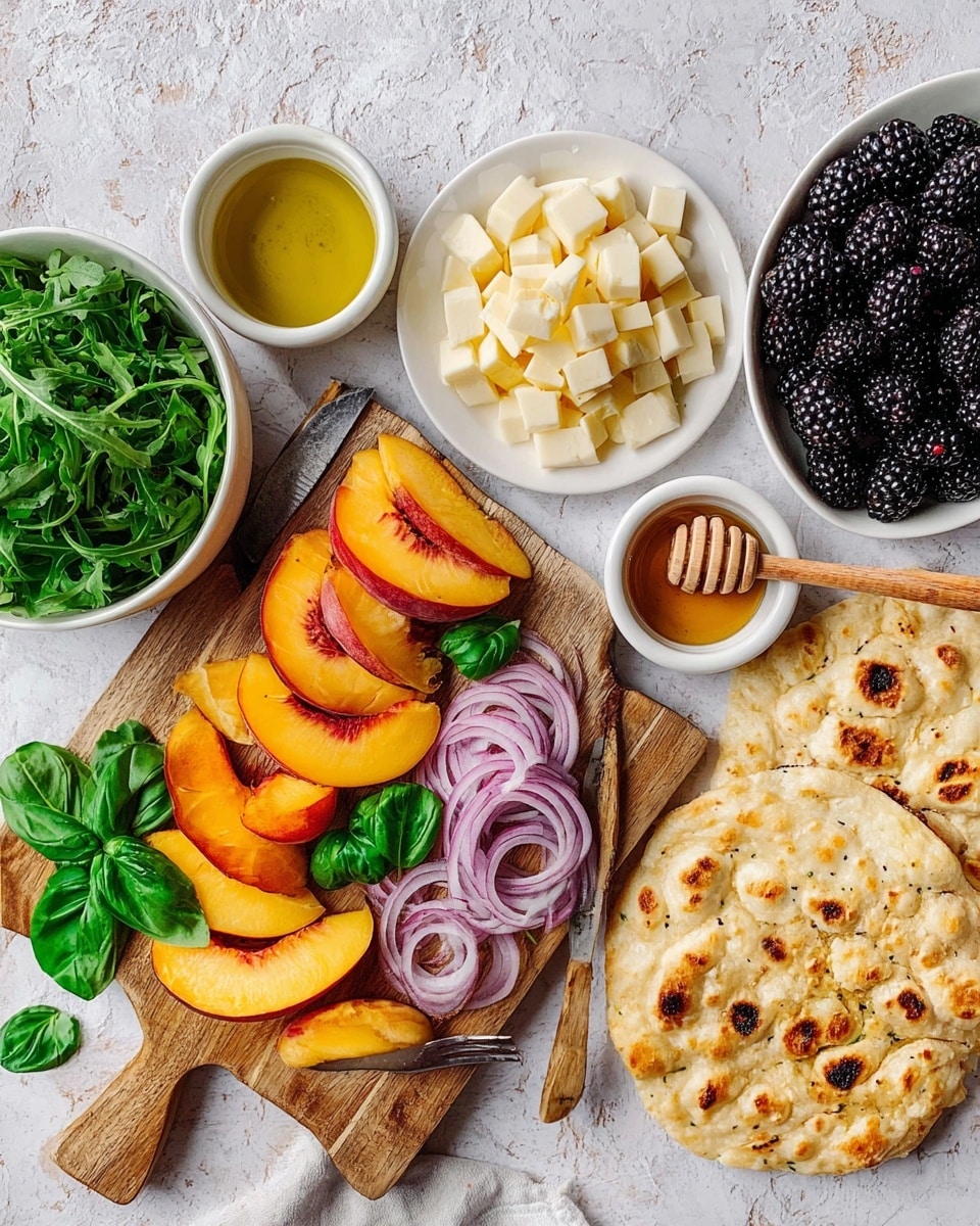 The image shows a wooden cutting board with sliced peaches and thinly sliced red onions, with fresh green basil leaves arranged on and around the board. To the right, there are two white bowls, one filled with green leafy arugula and the other with blackberries. Above the bowls, there is a white plate covered with small pieces of pale yellow cheese. Next to the bowls are small white dishes holding olive oil and honey with a wooden honey dipper. On the right side of the image, there are two round flatbreads with a golden-brown toasted surface, placed on a white marbled texture. A small knife with a wooden handle rests on the cutting board. photo taken with an iphone --ar 4:5 --v 7