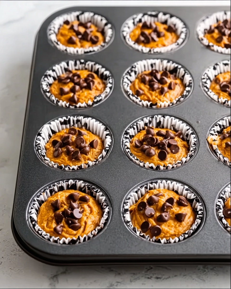 A dark metal muffin tray with twelve cups is filled with batter that is orange in color, each cup lined with white and black patterned paper liners. The batter in each cup is topped with small dark brown chocolate chips scattered unevenly on the surface. The tray is placed on a white marbled surface with soft light highlighting the texture of the batter and chocolate chips, showing some slight bubbling and smoothness on top. photo taken with an iphone --ar 4:5 --v 7