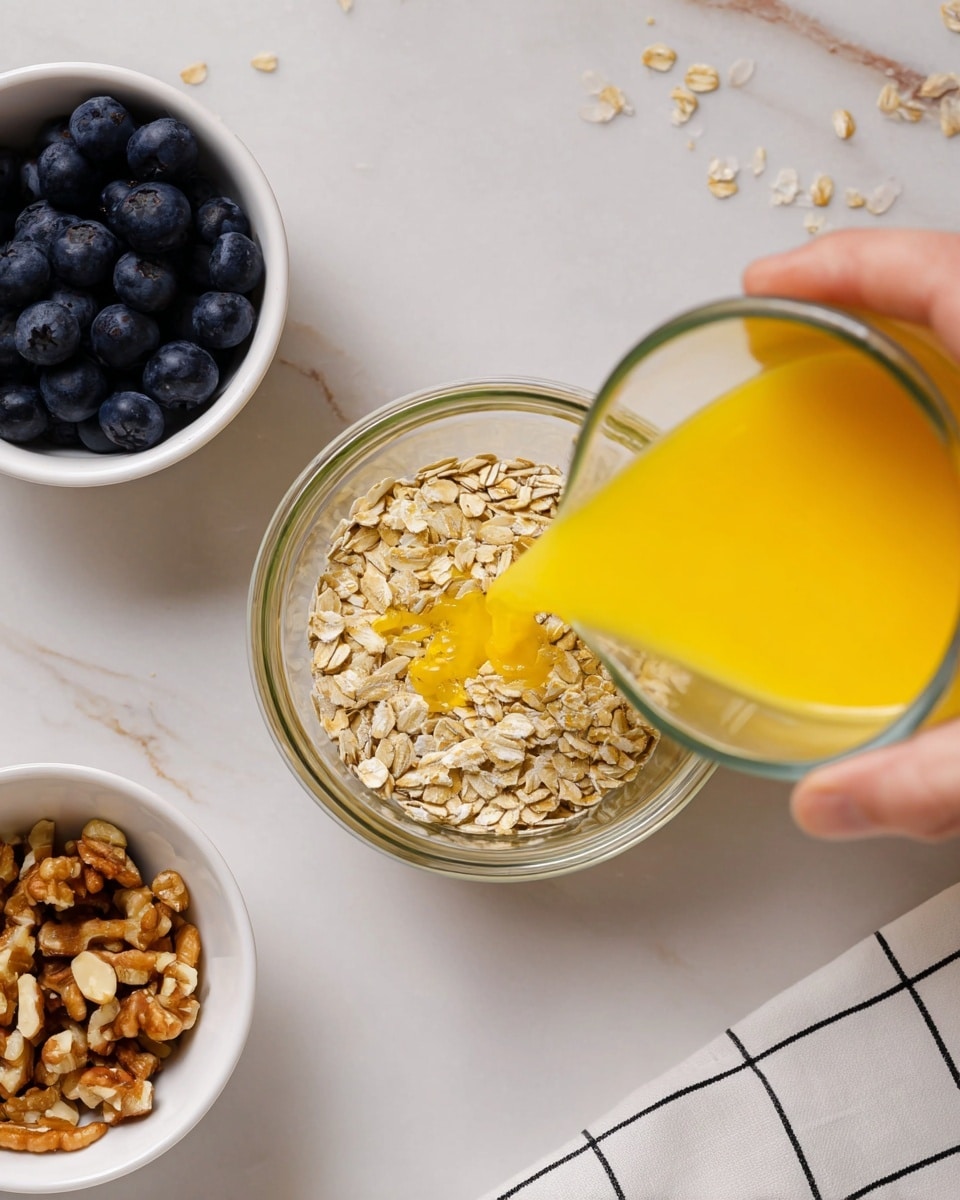 The image shows a clear glass cup with one layer of light brown rolled oats inside. A cup with bright yellow liquid is being poured into the oats from the right side, held by a woman's hand with a white and black grid cloth visible below. Nearby, there are two white bowls, one filled with dark blue blueberries and the other with light brown chopped nuts. The whole scene is set on a white marbled surface. Photo taken with an iphone --ar 4:5 --v 7