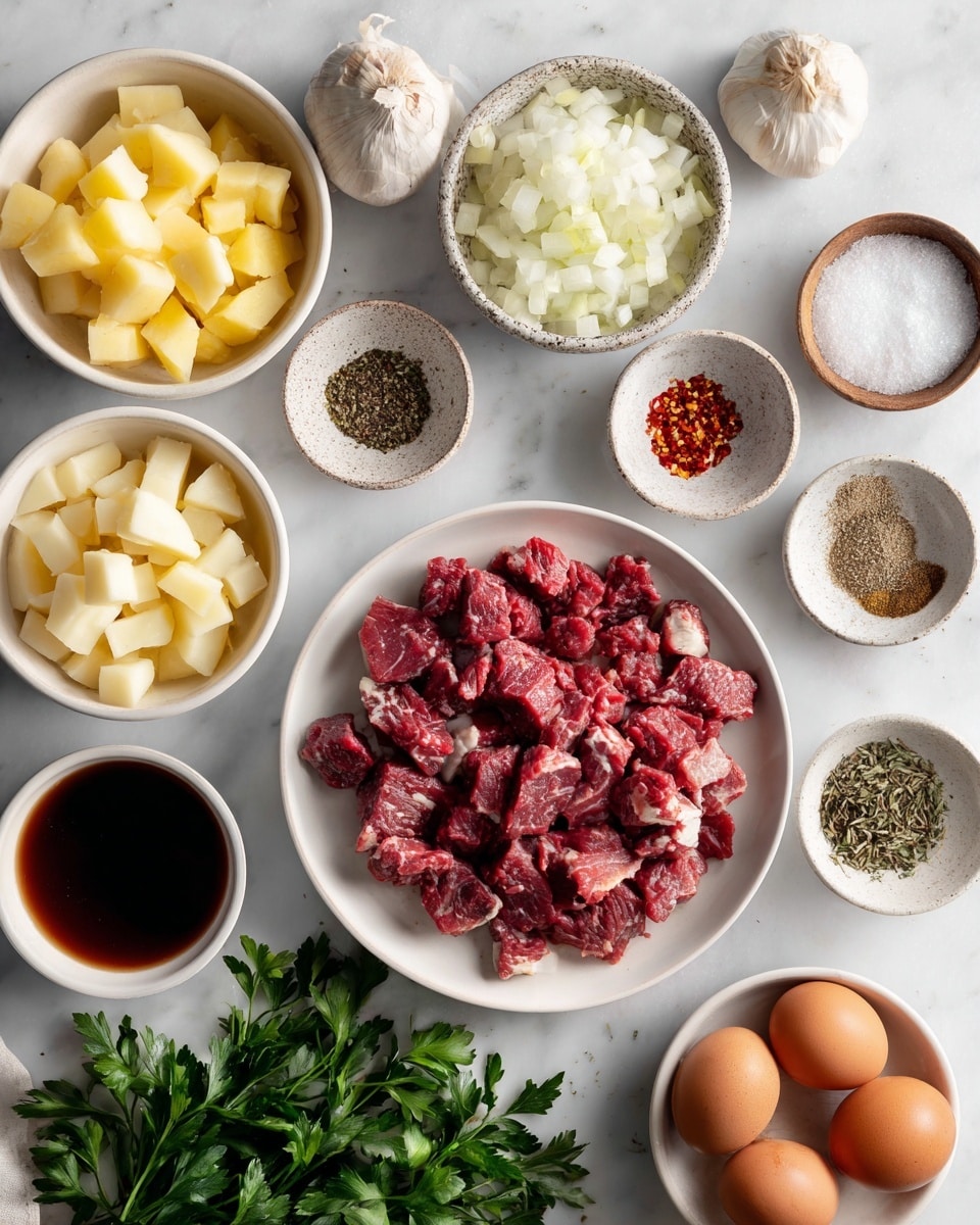 The image shows several white bowls and plates arranged on a white marbled surface, each containing different ingredients. In the center is a white plate filled with pink and brown chopped cooked corned beef brisket pieces. To the left, a white bowl holds diced light yellow potatoes, while to the right, another white bowl contains chopped white onions. At the top left corner, a whole bulb of garlic is placed beside a small speckled bowl with white kosher salt. Toward the top right, a small bowl holds red pepper flakes, and next to it, a little speckled bowl has dried oregano. Below, smaller bowls contain black pepper, olive oil, dried thyme, smoked paprika, and unsalted butter. A separate white plate near the bottom right holds four brown eggs. Near the bottom left, a bowl contains dark brown Worcestershire sauce, and at the very bottom left corner, a bunch of fresh green parsley leaves is visible. The scene is bright and clear, with natural colors highlighting each ingredient, photo taken with an iphone --ar 4:5 --v 7