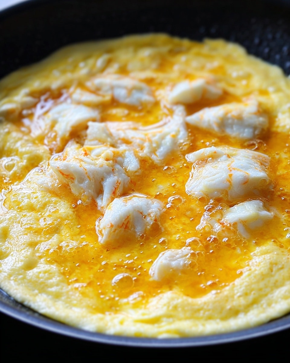 A close-up view of a yellow omelette cooking in a black frying pan. The omelette is smooth and slightly bubbly with a bright yellow color. White pieces of crab meat are spread unevenly across the top layer, slightly sinking into the egg mixture, which has some glossy, shiny spots indicating it is still cooking. The surface around the pan is not visible, focusing only on the pan’s inside. photo taken with an iphone --ar 4:5 --v 7