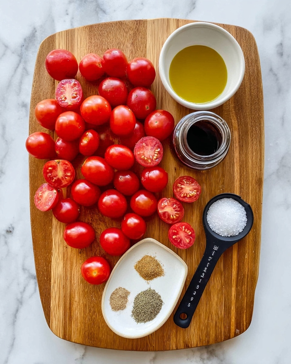 The image shows a wooden cutting board on a white marbled surface, filled with many small, round red tomatoes, some whole and some sliced in half, showing their juicy interior. On the top right of the board, there is a white small bowl filled with golden-yellow oil, next to a small jar of dark liquid, likely balsamic vinegar. Above the tomatoes, there is a small white dish holding two different spices—one light beige and one greenish-brown. A black measuring spoon with white coarse salt rests next to the jar, adding texture and color contrast to the arrangement. The colors are bright and fresh, with the smooth tomatoes and the rough salt providing different textures. photo taken with an iphone --ar 4:5 --v 7