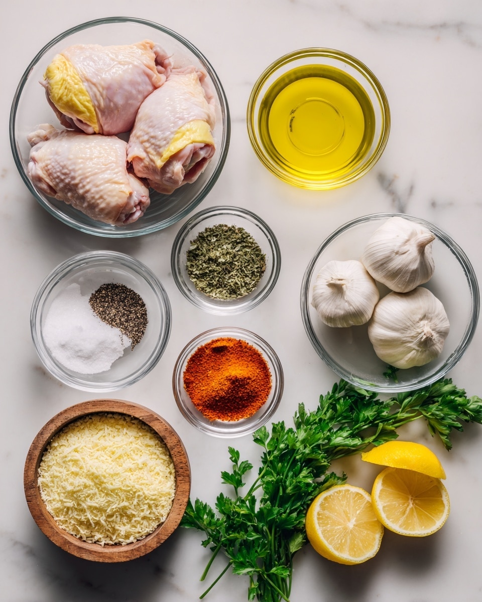The image shows nine ingredients arranged in a neat grid on a white marbled background. The top row has a single raw chicken thigh on the left with pale pink and yellow skin texture, a small glass bowl of golden olive oil in the middle, and a pile of white garlic cloves on the right. The second row features three small bowls in a line: coarse white salt on the left, black pepper with a dark grainy texture in the middle, and bright orange cayenne pepper on the right; next to them is a small glass bowl of pale yellow lemon juice with a fresh lemon slice beside it. The bottom row includes a small wooden bowl filled with finely grated pale yellow parmesan cheese on the left, a bunch of fresh green parsley in the center, and a small bowl with two bright yellow lemon wedges on the right. All items are well lit and clearly visible. photo taken with an iphone --ar 4:5 --v 7