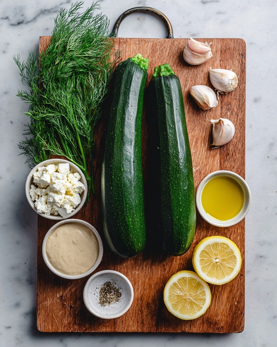 Two long, dark green zucchinis lie side by side on a wooden cutting board with a metal handle at the top. On the left side of the board, fresh green dill sprigs create a feathery texture. Near the bottom right, three cloves of garlic with a light pink hue rest closely together. Small white bowls hold different ingredients: crumbled white cheese in the bottom left, light beige tahini sauce to the right of the zucchinis, yellow olive oil below it, and a mix of coarse white salt and black pepper in another bowl next to the cheese. Two lemon halves, bright yellow with visible seeds, sit near the garlic. The cutting board is placed on a white marbled surface. Photo taken with an iphone --ar 4:5 --v 7