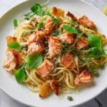 Lemon Garlic Salmon Spaghetti with Toasted Walnuts and Watercress Recipe