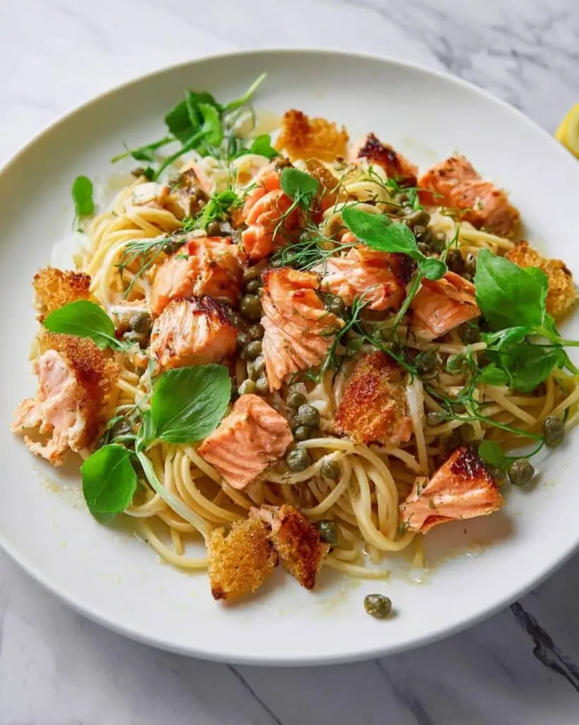Lemon Garlic Salmon Spaghetti with Toasted Walnuts and Watercress Recipe