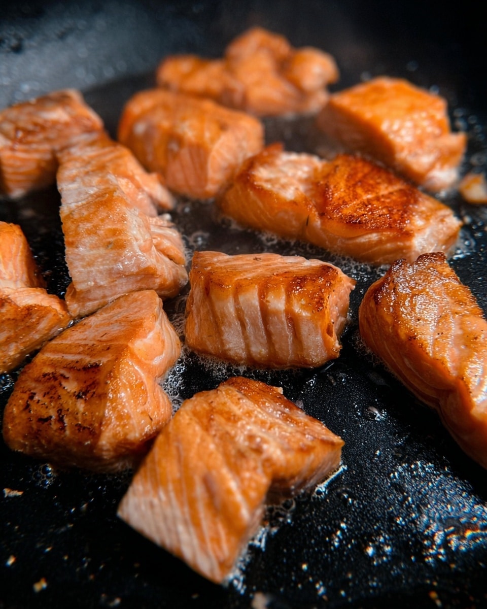 The image shows several pieces of cooked salmon in a black pan. Each piece is medium size with a slightly browned, grilled texture on some parts, while other parts are light orange with a moist, shiny surface. The salmon pieces vary in shape but all have visible white lines between the layers of pinkish-orange flesh. Steam or small bits of oil are visible on the pan surface, giving a wet and hot look. The background is dark black and shiny, emphasizing the cooked fish. photo taken with an iphone --ar 4:5 --v 7