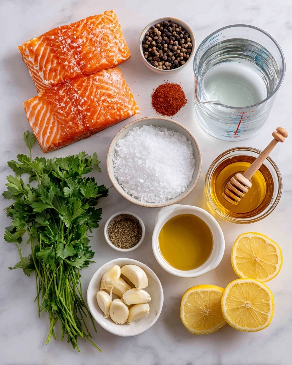 The image shows eleven food ingredients placed neatly on a white marbled surface. In the top row, there are two cubes of bright orange salmon with white patterns, a small mound of bright red cayenne pepper powder, and a heap of dark black peppercorns. Below them, from left to right, are a bunch of fresh green parsley with stems, a bowl filled with white coarse salt, and a clear glass measuring cup filled with water. On the third row, there is a small glass bowl of shiny golden olive oil, a tiny bowl of amber apple cider vinegar, and several peeled garlic cloves with a light cream color. The bottom row has a jar of golden honey with a wooden honey dipper resting on the rim, and two yellow lemon slices with visible seeds placed side by side. The layout is clean and simple, with bright natural colors standing out against the white marbled background. photo taken with an iphone --ar 4:5 --v 7