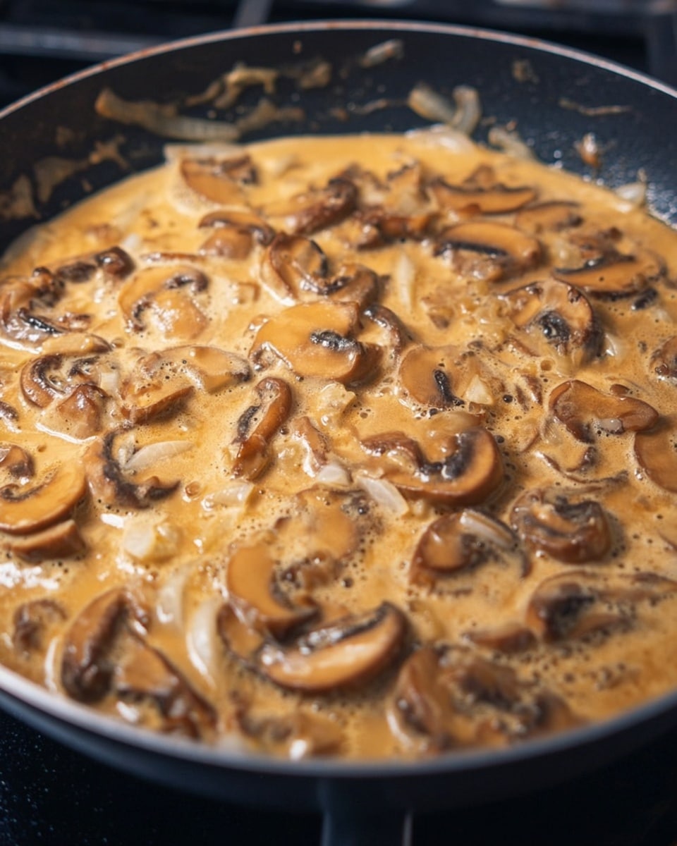The image shows a close-up of a black pan filled with creamy light brown sauce mixed with cooked sliced mushrooms and translucent onion pieces. The sauce has a smooth, slightly frothy texture with mushrooms evenly spread out, showing their soft, browned surfaces. The onions add small white and pale yellow accents across the sauce. The lighting highlights the sauce's shiny, moist appearance on a stove. photo taken with an iphone --ar 4:5 --v 7