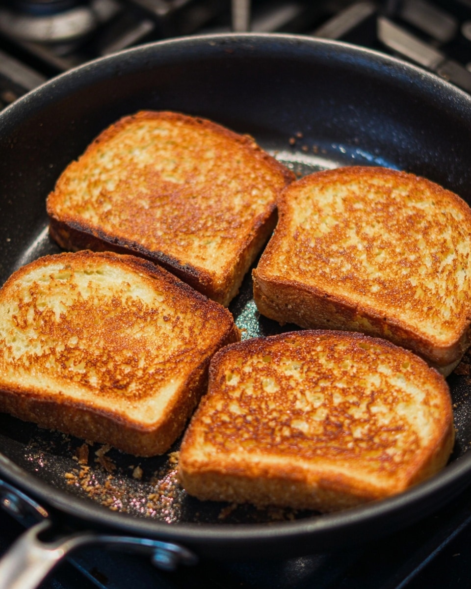 Five slices of toasted bread with a golden brown crispy texture are arranged inside a black pan. Each slice shows an even toasting with darker edges and small crispy crumbs scattered in the pan. The toast surfaces have a rough texture with tiny air pockets visible, and the edges are slightly thicker and darker than the centers. The pan is placed on a stove with a metallic handle visible on the left side. The focus is on the toast with clear and warm lighting. Photo taken with an iphone --ar 4:5 --v 7