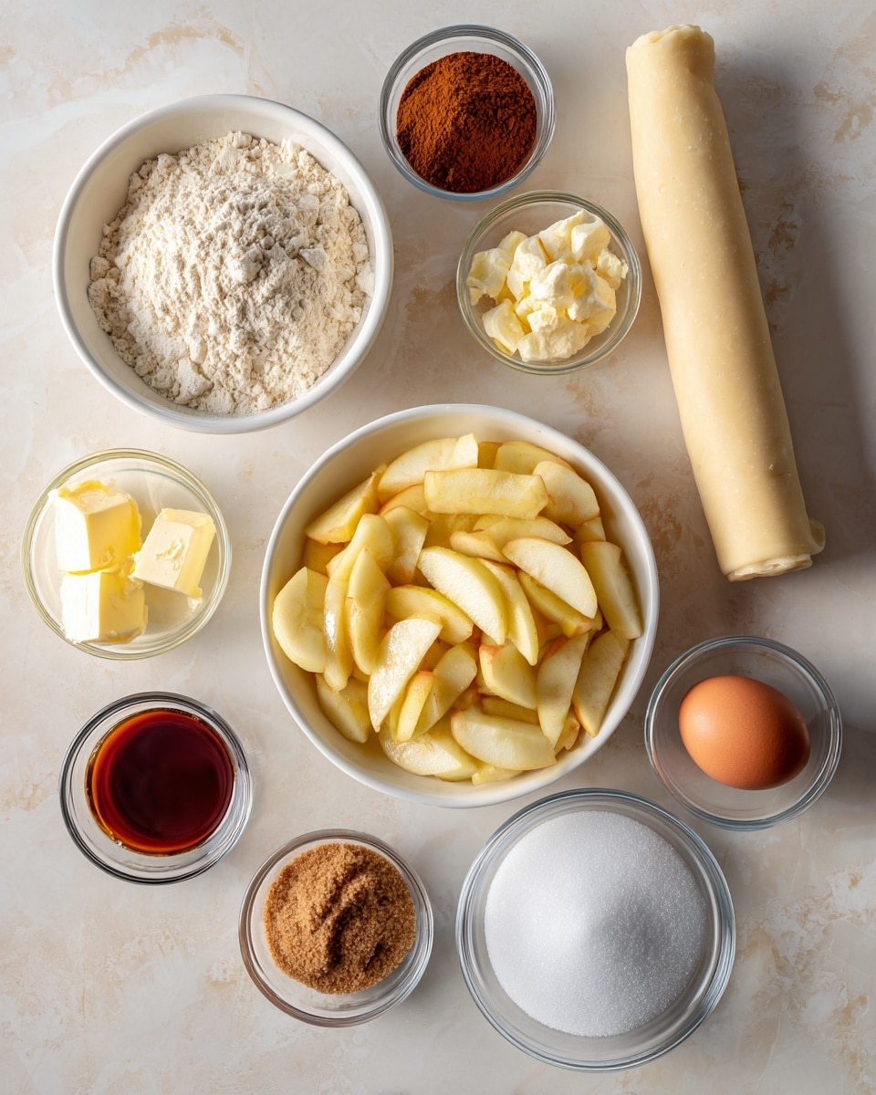 The image shows ingredients for making an apple pie arranged neatly on a white marbled surface. In the middle, there is a white bowl filled with peeled and sliced apples, pale yellow in color with a smooth texture. Surrounding it are small clear glass bowls each holding a different ingredient: light beige all-purpose flour at the top left, rich brown cinnamon powder below it, two pale yellow pats of butter at the bottom left, dark brown vanilla extract just to the right of the butter, and golden lemon juice in a light clear bowl. To the right of the apples, there is a white bowl with dark brown packed brown sugar. Near the bottom are three more clear bowls with golden coarse sugar, white granulated sugar, and an orange-brown egg placed directly on the surface. At the top right corner, a folded sheet of pie crust dough is laid flat and light golden in color. All ingredients are well spaced and clearly visible. Photo taken with an iphone --ar 4:5 --v 7