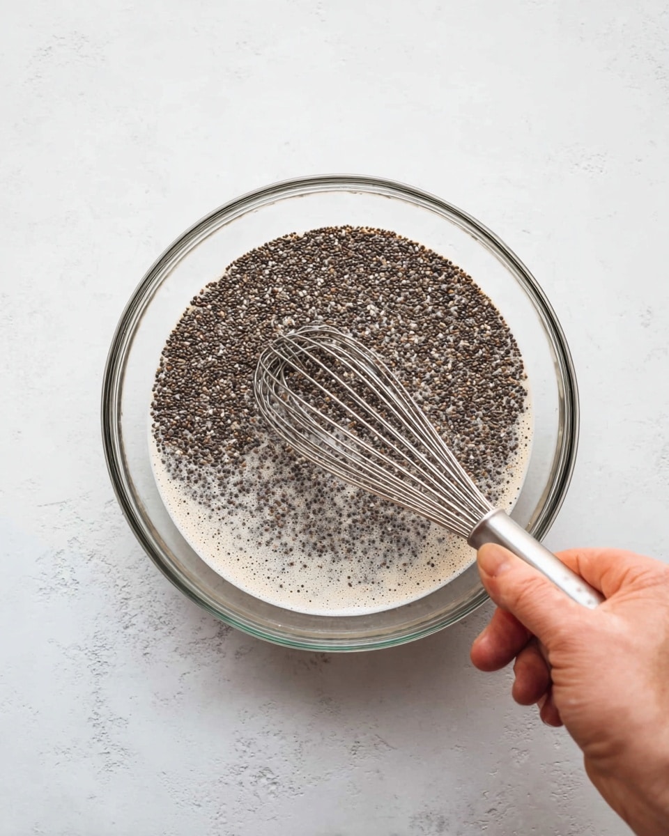 A clear glass bowl sits on a white marbled surface, filled with small black and white chia seeds soaking in a milky white liquid, creating a speckled, textured top layer. A silver metal whisk is partially submerged in the bowl, held by a woman's hand visible in the lower right corner of the image. The liquid looks smooth and slightly thickened, and the chia seeds are spread evenly across the surface, giving a grainy, tiny dot pattern. Photo taken with an iphone --ar 4:5 --v 7