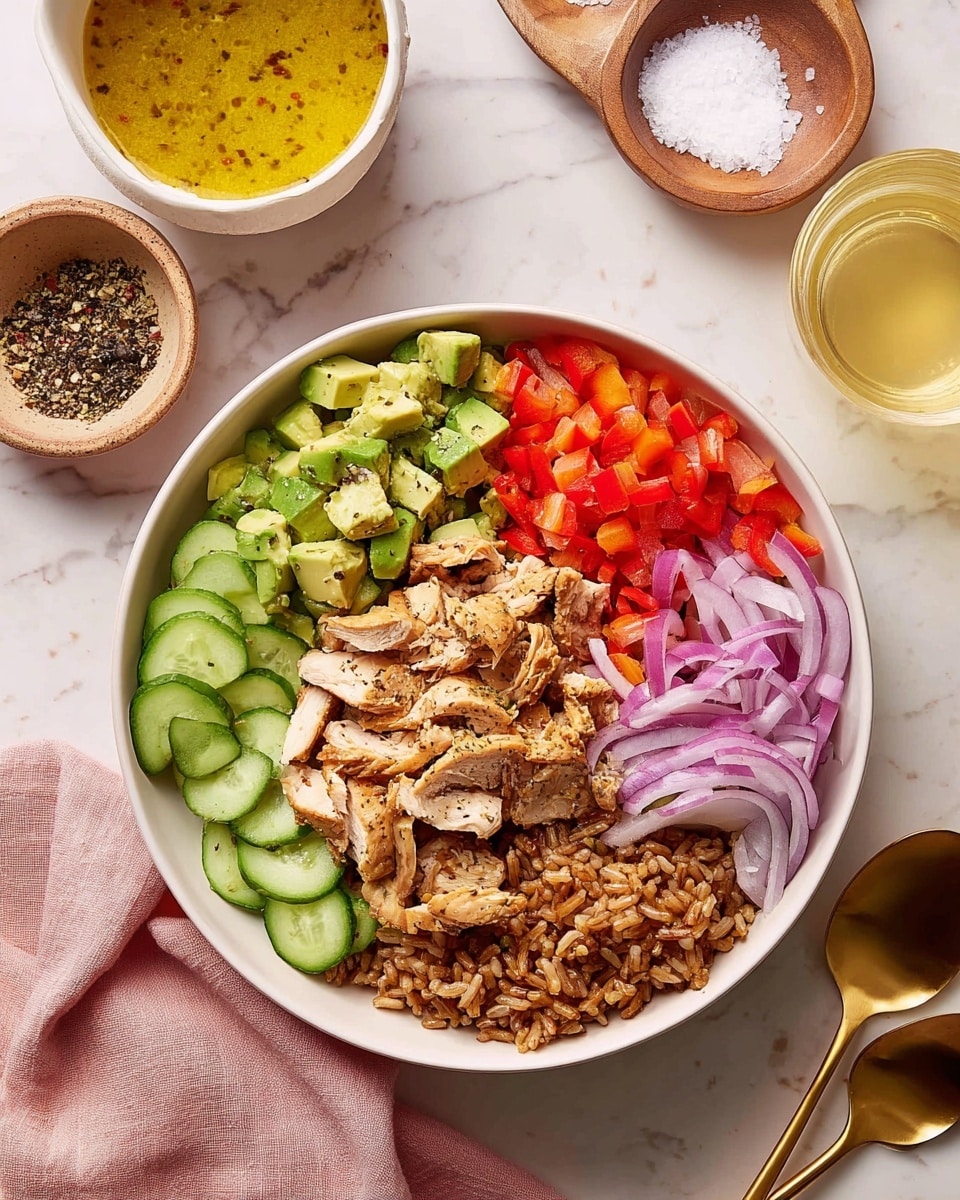 A white bowl sits on a white marbled surface and holds five distinct layers inside: diced avocado pieces at the bottom, sliced cooked chicken with black pepper on the left, bright red diced bell peppers in the middle, thin purple onion slices on the top right, and a pile of browned seasoned rice on the bottom right. Around the inside edge of the bowl are thin cucumber slices. Near the bowl on the table are two small bowls with salt and pepper, a small white bowl filled with a yellow sauce with black pepper specks, a glass of light-colored drink, and two golden spoons resting on a pale pink cloth. Photo taken with an iphone --ar 4:5 --v 7