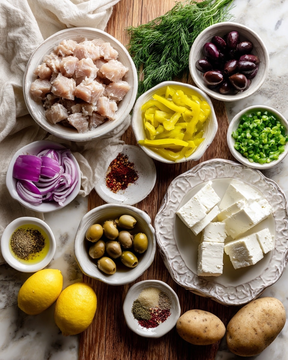 A top view of a wooden table covered partly with white cloth holds several small white bowls and plates arranged in a circle, each with different ingredients. At the center are chunks of light beige tuna in a bowl, surrounded clockwise by yellow pepperoncini peppers, dark brown kalamata olives, bright green chopped green onions, thinly sliced purple and white red onions on a small plate, fresh green dill, a bowl with mixed spices of red pepper flakes, garlic powder, black pepper, dill, and oregano, coarse white kosher salt in another small plate, golden olive oil in a white scalloped bowl, and two white blocks of crumbly white feta cheese on a fluted white plate. A whole bright yellow lemon and four whole russet potatoes with brown skin rest nearby on the wooden table surface. All elements rest on a white marbled texture surface beneath the items. photo taken with an iphone --ar 4:5 --v 7