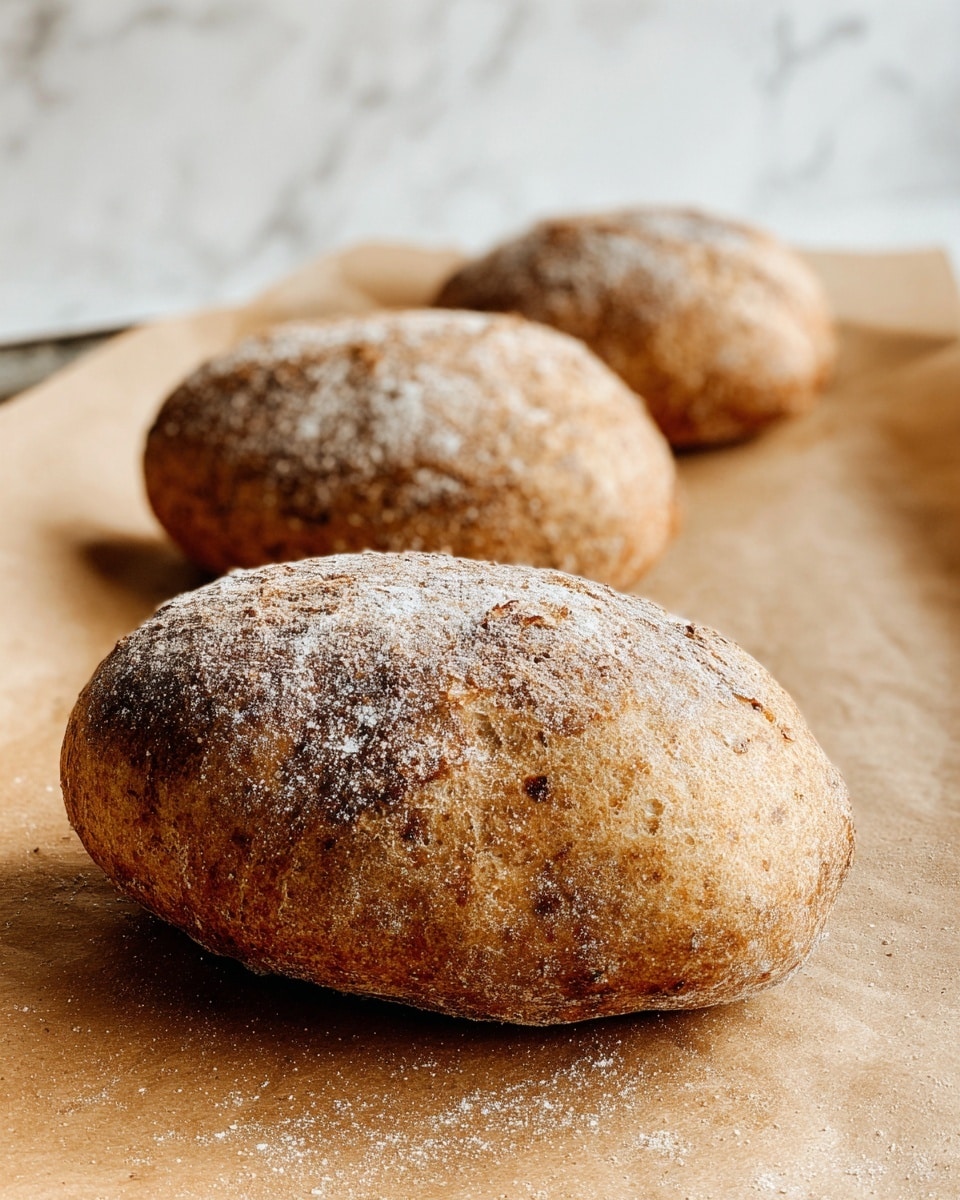 Four golden brown oval-shaped bread rolls are placed on light brown parchment paper on a baking tray. The bread rolls have a rough, crusty texture with white flour sprinkled unevenly on top, giving them a rustic, homemade look. The focus is on the front bread roll, which shows detailed texture and a slightly cracked surface, while the other three rolls softly blur into the background. The scene is set against a white marbled texture with soft natural lighting. photo taken with an iphone --ar 4:5 --v 7