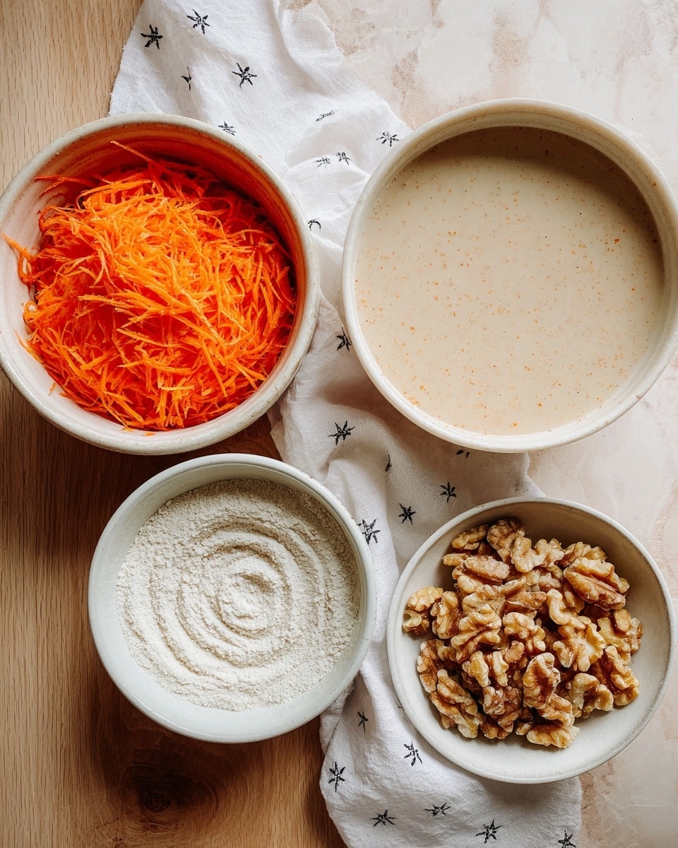 The image shows four white bowls with different ingredients on a light wood textured surface with a white marbled texture background. The top left bowl is filled with bright orange shredded carrots with a rough texture. The top right bowl contains a smooth, beige liquid mixture with tiny specks visible, sitting on a slightly crumpled white cloth with small black star designs. The bottom left bowl holds a fine white powder with a swirl pattern on its surface, and the bottom right bowl has uneven, light brown walnut pieces with a textured and rough look. Photo taken with an iphone --ar 4:5 --v 7