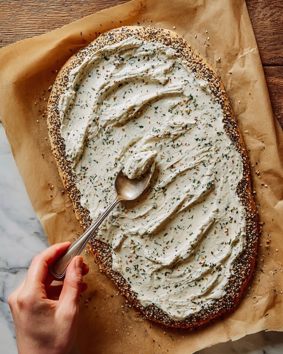A single layer of round, pale dough with small fork holes covers the baking sheet lined with parchment paper; the dough has a shiny, slightly wet surface. Around the edge of the dough is a ring of mixed seeds and seasoning in black and light brown colors, creating a textured border. The baking tray rests on a white marbled surface. photo taken with an iphone --ar 4:5 --v 7