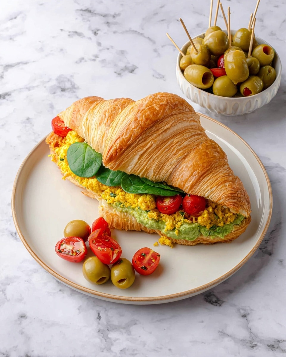 A white plate with a croissant sandwich, the croissant is golden brown and flaky, opened to show the inside filled with a green spread layer at the base, a yellow crumbly layer on top, and scattered red cherry tomato halves and fresh green spinach leaves layered on top. Next to the plate, there is a small white bowl filled with green olives, some stuffed with red pimentos, each pierced with a wooden toothpick. The whole setup is on a white marbled surface. photo taken with an iphone --ar 4:5 --v 7