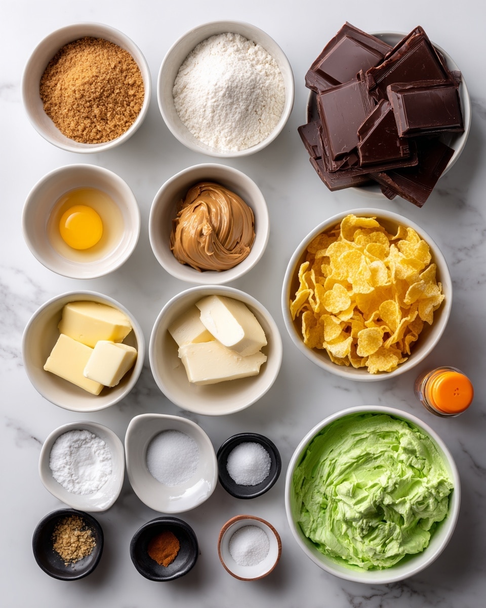 This image shows two groups of small white bowls and containers on a white marbled background. On the left, there are eight bowls arranged in two columns: the top row has a bowl with brown sugar and a bowl with white sugar; below them are bowls with peanut butter, a raw egg, vanilla extract, all-purpose flour, and two pieces of butter. Three small black bowls with salt, baking powder, and baking soda are at the bottom right of this group. On the right, there are three white bowls: dark chocolate discs in the upper left, yellow corn chip curls in the bottom center, and a bowl of green creamy mixture in the upper right. Next to them is a small orange seasoning bottle. The bowls and items are neatly spaced. Photo taken with an iphone --ar 4:5 --v 7