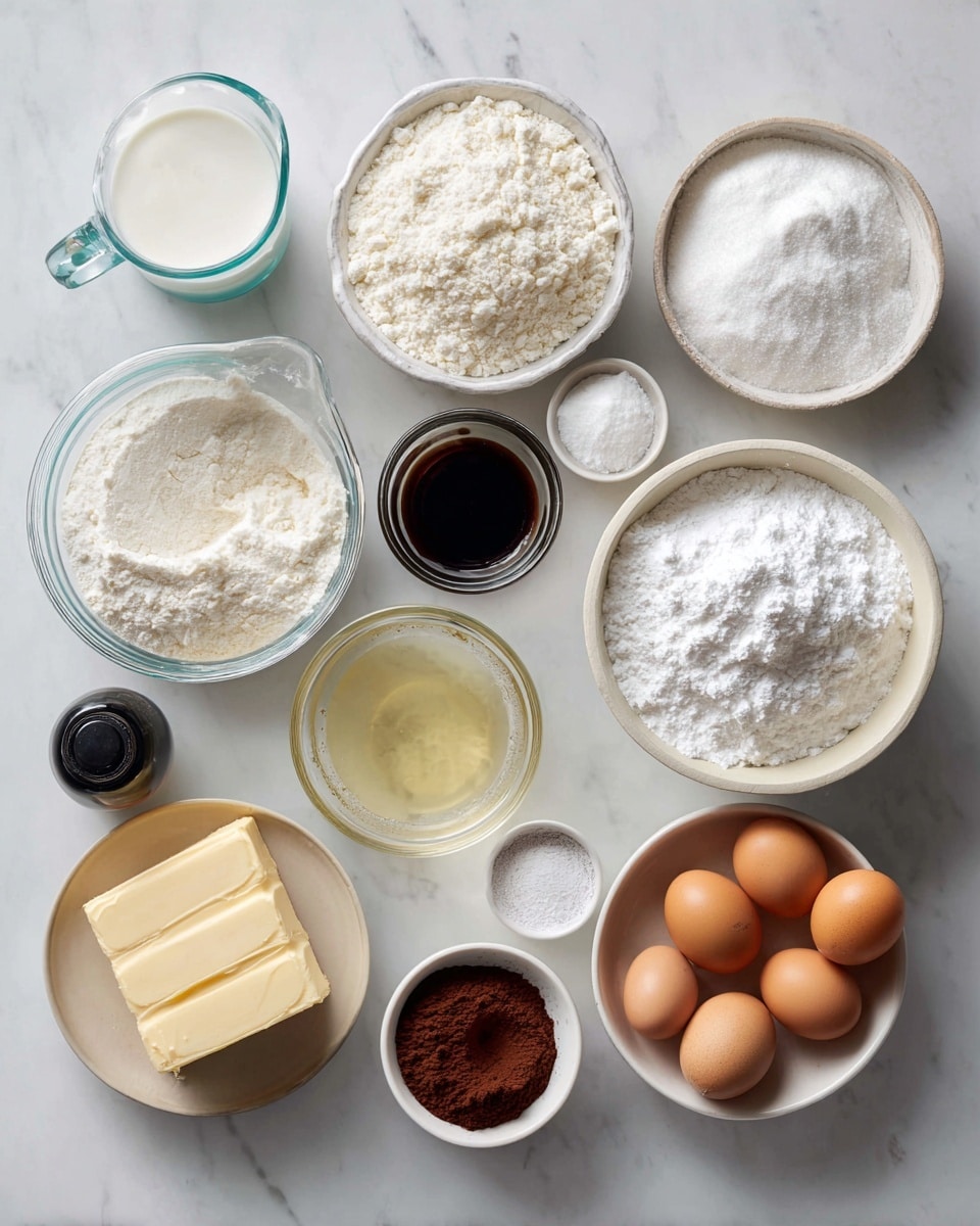 The image shows a top view of various baking ingredients neatly arranged on a white marbled surface. There are fourteen containers in total: a clear glass measuring cup with white buttermilk on the top left, a round clear bowl filled with white flour above center, a white bowl with granulated white sugar on the top right, a clear glass measuring cup with light yellow cooking oil just below the flour, a small white bowl with vanilla extract below the buttermilk, a small white bowl with white vinegar near the center, a clear round bowl with three brown eggs to the right, a large clear bowl filled with white icing sugar on the bottom right, a beige bowl containing a block of light yellow butter on the bottom left, a small white bowl with dark brown cocoa powder above the butter, and three small white bowls scattered among the others with white baking powder, white baking soda, and white salt. Near the center is a small black bottle of black food coloring. Each container shows the distinct texture and color of its ingredient clearly. The setting is well lit with soft natural light coming from above. photo taken with an iphone --ar 4:5 --v 7