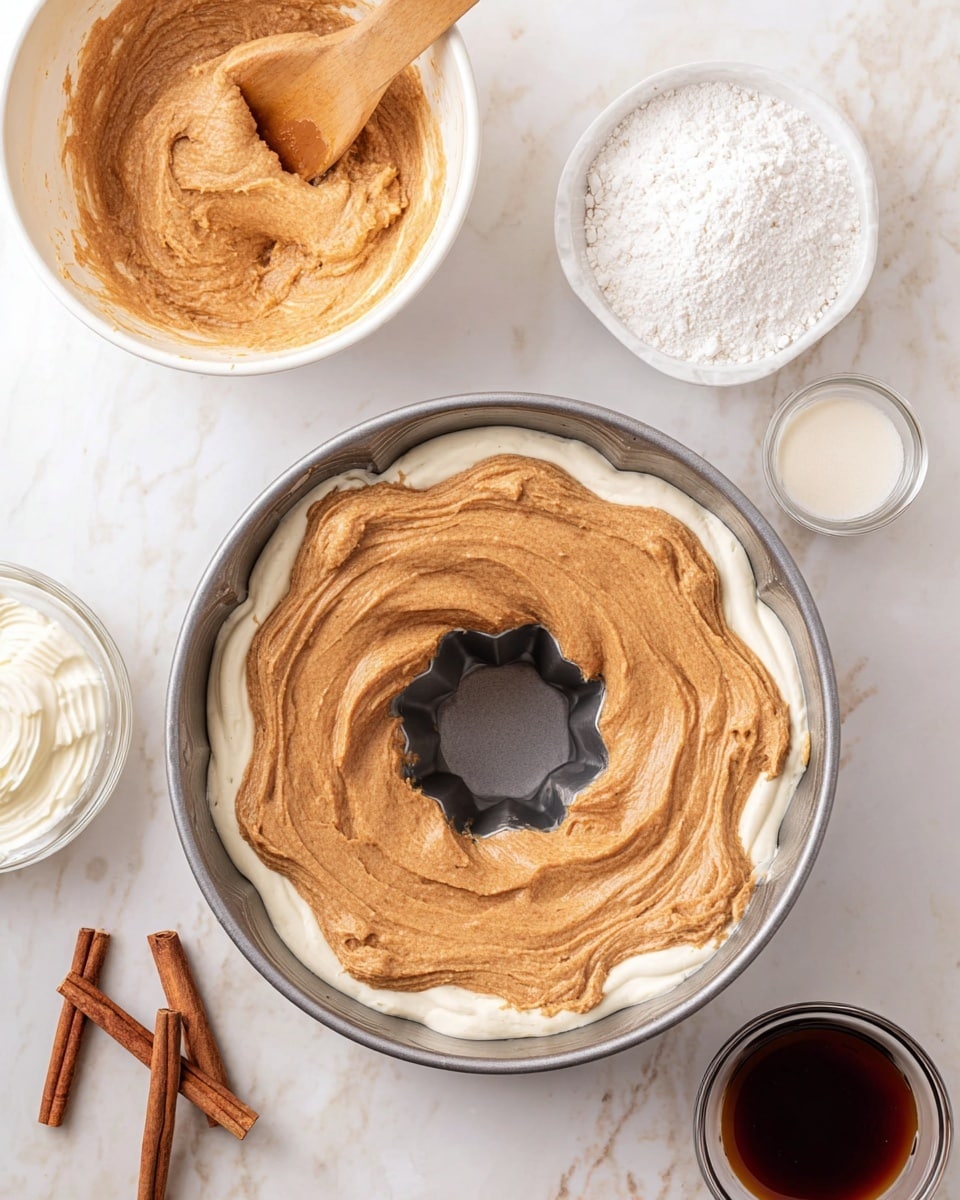 A metal Bundt pan sits on a white marbled surface filled with two layers of batter: the bottom layer is light cream colored and smooth, while the top layer is a thick, light brown batter spread unevenly over the cream base. To the upper left is a white bowl with some light brown batter inside and a wooden spatula resting in it. Nearby, there's a white bowl filled with white powdered sugar, a small glass bowl with dark brown vanilla extract, and another white bowl holding smooth cream cheese. A few cinnamon sticks lie on the white marbled surface in the lower left corner. Photo taken with an iphone --ar 4:5 --v 7