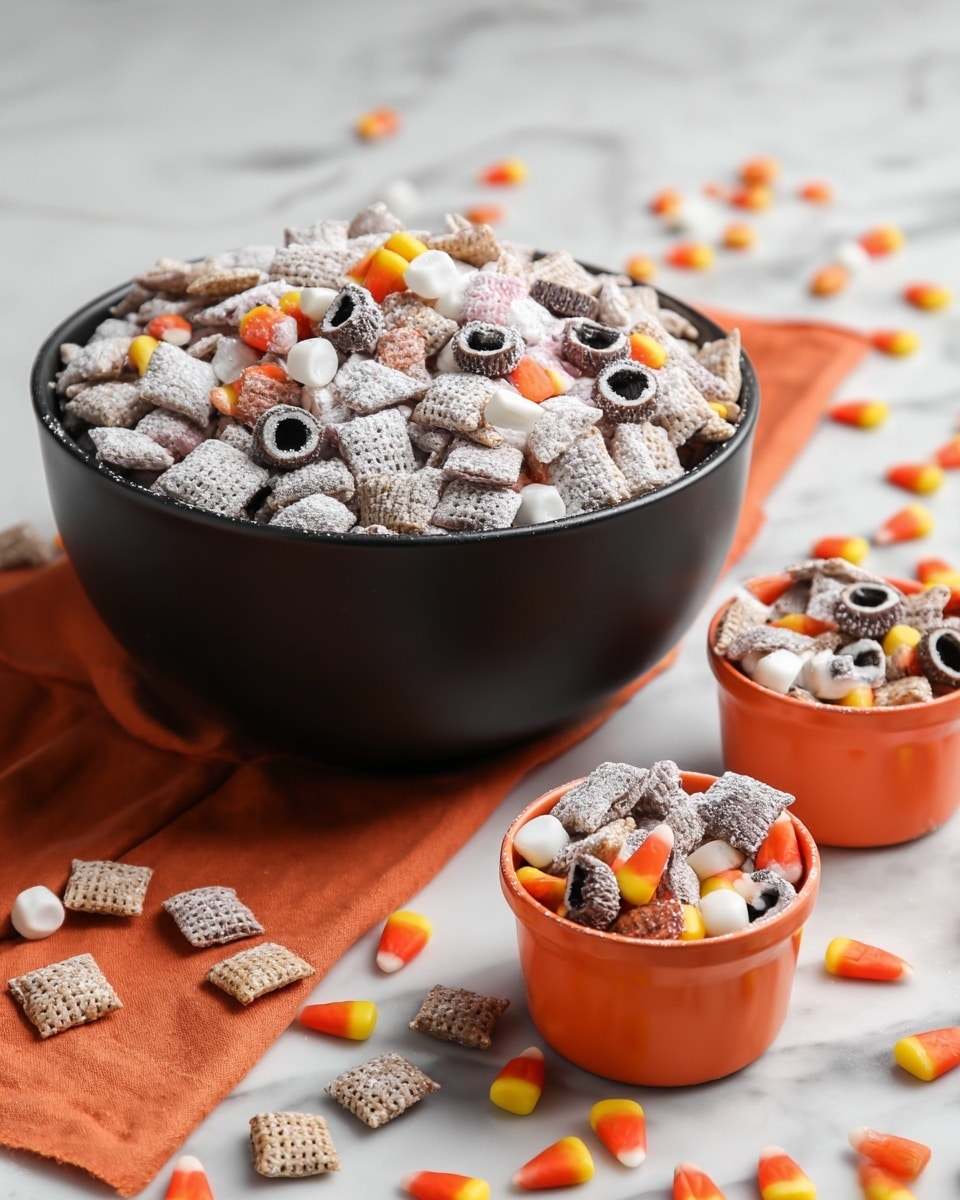 A large black bowl filled to the top with a snack mix dusted in white powder, containing light brown square pieces, dark brown small cup-shaped candies, white round candies with black centers, and small colorful candy corns in orange, yellow, and white. In front of the bowl are two small orange cups also filled with the same snack mix, placed on a white marbled surface with scattered pieces of the mix and colorful candy around them. An orange cloth is placed beneath the large bowl. The scene is bright with soft, natural lighting. Photo taken with an iphone --ar 4:5 --v 7