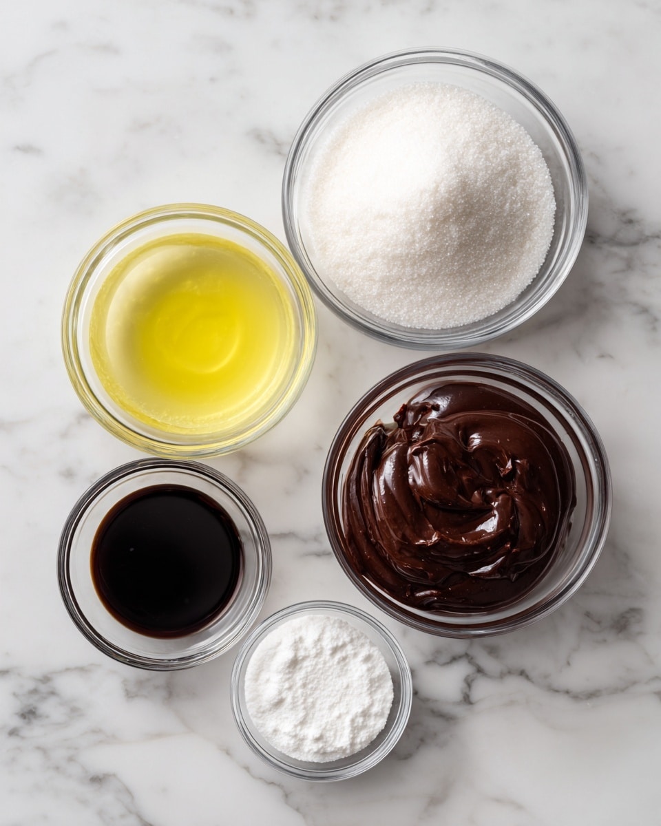 The image shows five small clear bowls on a white marbled surface, each filled with different ingredients. At the top right, there is a bowl filled with white granulated sugar. Below it on the left side, a bowl contains clear egg whites with a slightly yellow tint. To the right of the egg whites, there is a bowl of dark brown melted chocolate with a smooth texture. Below the sugar and chocolate are two smaller bowls; one holds a dark brown vanilla extract and the other has white cream of tartar powder. Each bowl is neatly arranged and labeled with black text on white blocks. photo taken with an iphone --ar 4:5 --v 7