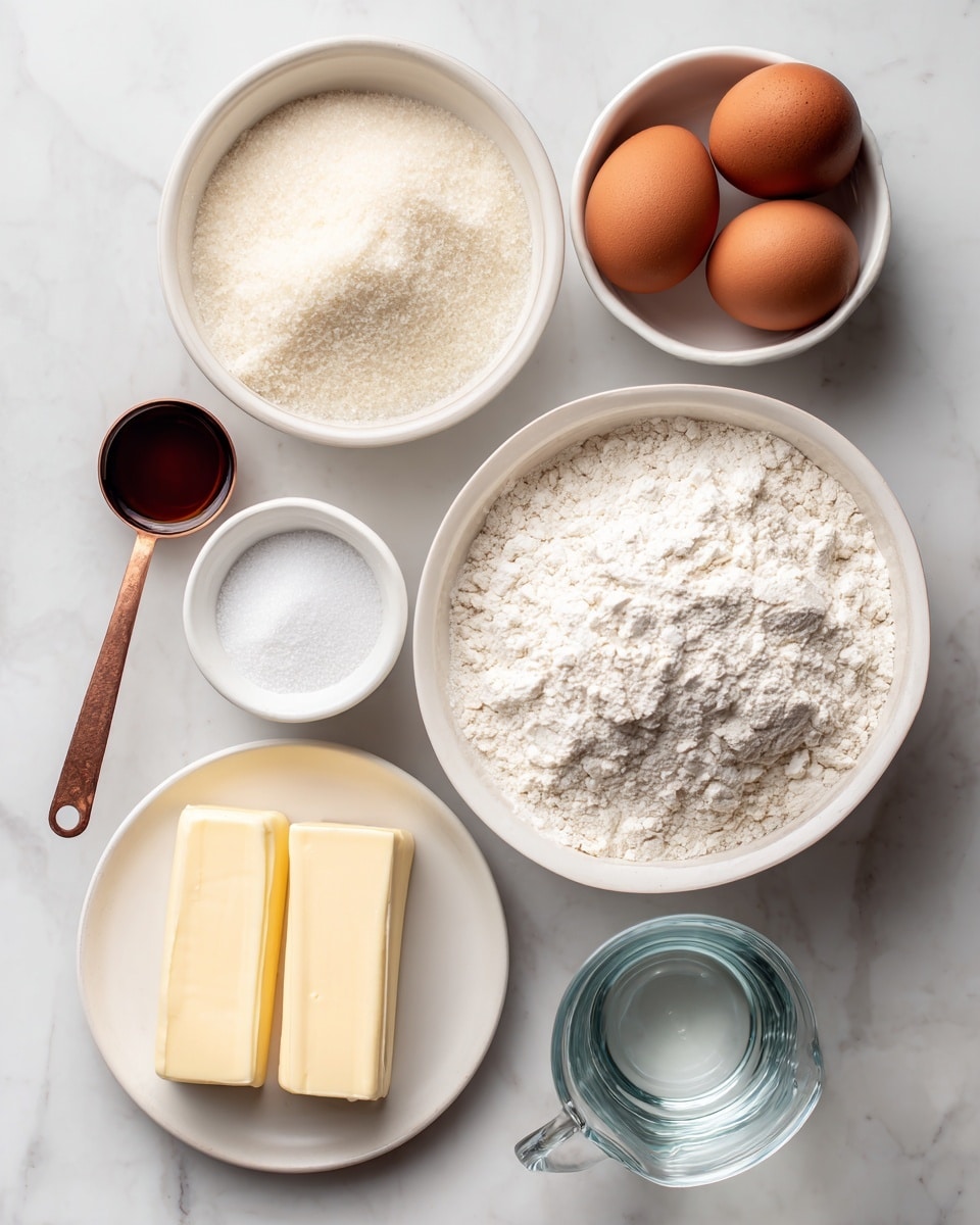 The image shows seven ingredients arranged neatly on a white marbled surface. At the top right is a white bowl holding three brown eggs. Next to it on the right is a large white bowl filled with white unbleached all-purpose flour with a floury texture. Above the flour bowl is a small white bowl with white baking powder inside, smooth and powdery. To the left of the baking powder is a white bowl filled with organic cane sugar that looks fine and granulated. Below the sugar bowl is a small copper-colored teaspoon filled with dark brown vanilla extract, shiny and liquid. At the bottom left is a white plate with two sticks of pale yellow butter stacked on it, solid and smooth. At the bottom right is a clear glass measuring jug half full of water, bright and clear. Each ingredient is labeled with black text and arrows. Photo taken with an iphone --ar 4:5 --v 7