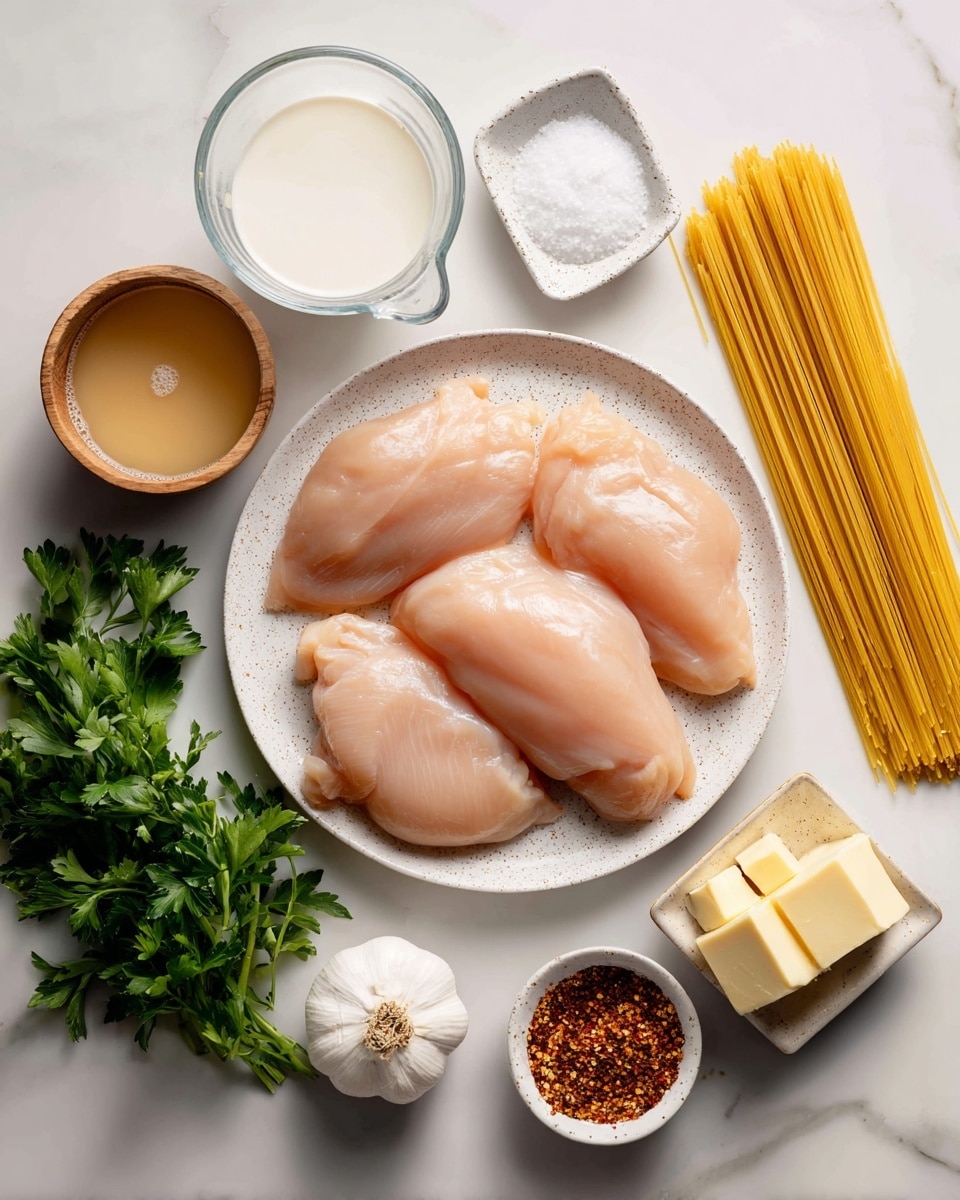 The image shows ingredients for a recipe arranged neatly on a white marbled surface. In the center is a white speckled plate holding five raw chicken breasts which are pale pink and smooth. To the right near the chicken is a small white speckled dish with two square blocks of pale yellow butter. Above it is a clear glass holding uncooked long, thin, yellow pasta strands standing upright. On the top left is a clear measuring cup filled with white heavy cream, next to it is a small wooden bowl containing coarse white kosher salt. Below the heavy cream is a bunch of fresh green parsley with leafy texture. At the bottom left is a white speckled measuring cup filled with light brown chicken broth. Near the broth and parsley, a white garlic bulb lies whole with papery skin. Towards the bottom right, a small white speckled bowl holds reddish-brown Cajun seasoning with visible specks of herbs. Next to it is a block of hard, pale yellow Parmesan cheese with a textured surface. The ingredients are spaced evenly with clear labels above or beside each item, all placed on the white marbled surface. Photo taken with an iphone --ar 4:5 --v 7