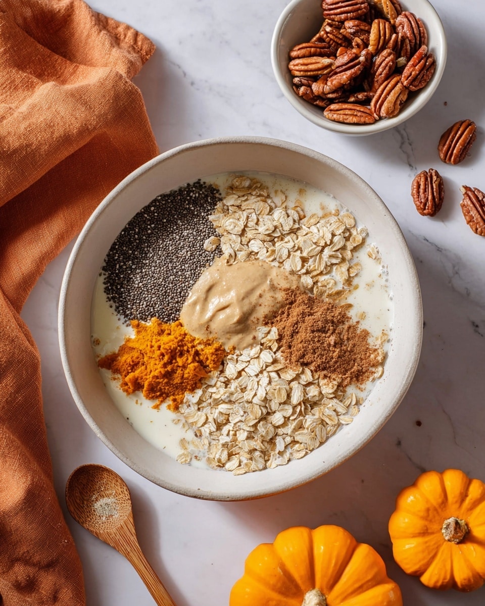 The image shows a white bowl filled with layers of ingredients for a smoothie or oatmeal mix, placed on a white marbled surface. Inside the bowl, the bottom layer is a light creamy liquid. On top, there are distinct piles arranged next to each other: chia seeds in dark gray, creamy light brown almond butter, beige rolled oats, a heap of cinnamon brown powder, bright orange pumpkin puree, and white yogurt. Around the bowl, there is a small white dish filled with glossy brown pecans on the upper right, two small orange pumpkins at the bottom, an orange cloth with a wooden spoon on the upper left. The setting is bright and natural. Photo taken with an iphone --ar 4:5 --v 7