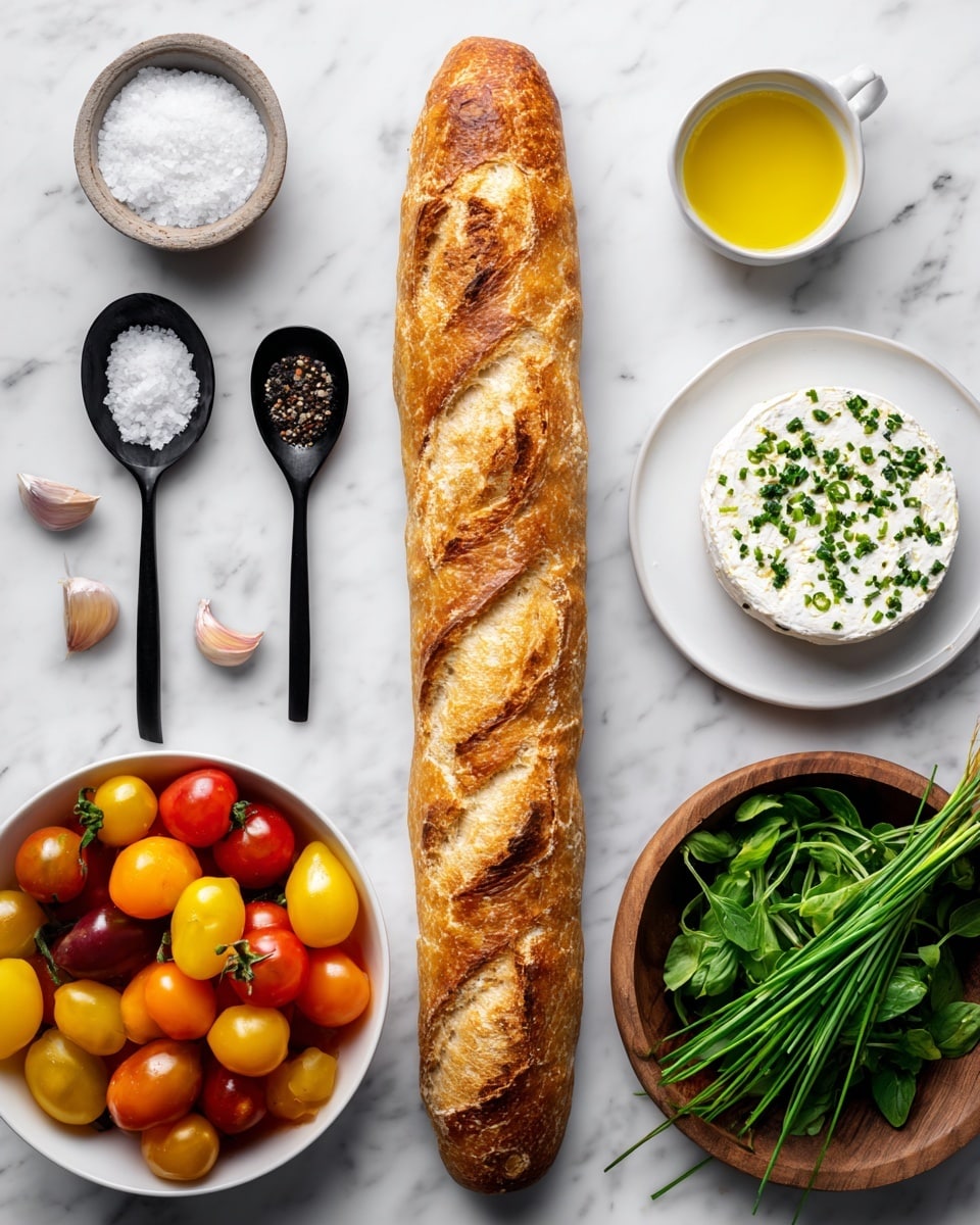The image shows a long crusty baguette placed vertically in the center on a white marbled surface. To the left, from top to bottom, there is a black spoon holding white sea salt, a black spoon with black pepper, a small peeled garlic clove, and a white ramekin filled with golden olive oil. To the right of the baguette, from top to bottom, there is a white bowl full of colorful grape tomatoes in red, yellow, and orange hues; a white plate holding a round piece of soft white cheese with green herbs (boursin); and a wooden dish filled with fresh bright green chives and dark green microgreens or small basil leaves. Photo taken with an iphone --ar 4:5 --v 7