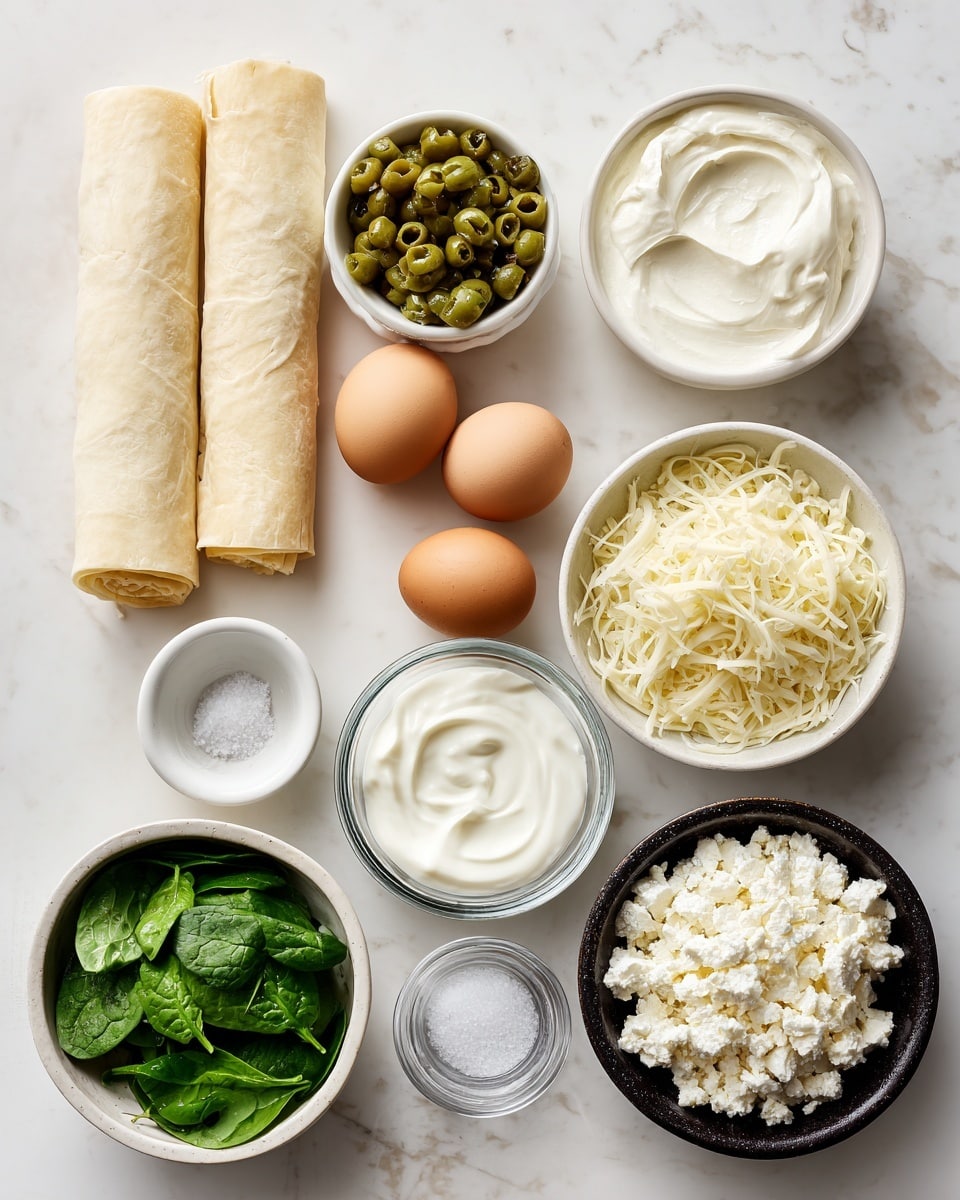 The image shows a flat lay of various ingredients arranged neatly on a white marbled surface. At the top are two pieces of folded puff pastry, pale beige with a smooth texture. To the left, there is a white bowl filled with finely chopped green castelvetrano olives. Below that is another white bowl with soft, creamy white ricotta cheese. Next to it, three brown eggs sit in a small bowl with a white interior. In the center, a white bowl holds shredded mozzarella, off-white and stringy. To the right, a small clear glass bowl contains a pinch of coarse white salt. Below the mozzarella, a black-rimmed white bowl is filled with soft, white cottage cheese, with a chunky texture. Next to it, a dark bowl holds crumbled white feta cheese. In between these bowls is a tiny glass filled with smooth, white heavy cream. Finally, at the bottom, a white bowl contains bright, fresh chopped green spinach leaves. Everything is cleanly displayed, evenly lit to show clear textures and colors photo taken with an iphone --ar 4:5 --v 7