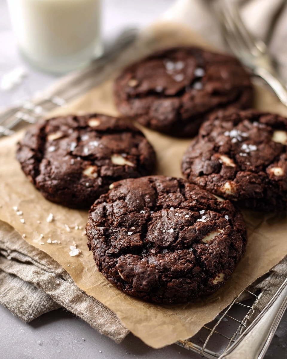 Four thick, dark brown chocolate cookies with visible white chocolate chunks are placed on brown parchment paper over a metal rack. The cookies have a textured, cracked surface with some coarse salt sprinkled on top. The cookies rest on a white marbled surface, next to a beige cloth and a silver fork. In the background, there is a glass of milk slightly out of focus. Photo taken with an iphone --ar 4:5 --v 7