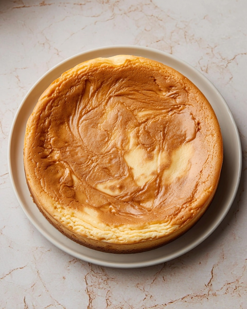 A single-layer round cheesecake with a smooth, creamy texture and light golden brown color sits centered on a simple white plate. The surface of the cheesecake is gently swirled with a slightly darker caramel-colored pattern, creating a marbled effect. The edges of the cheesecake have a deeper golden tone, showing slight puffiness and firmness. The white plate rests on a white marbled surface, adding a clean and elegant background to the image. Photo taken with an iphone --ar 4:5 --v 7