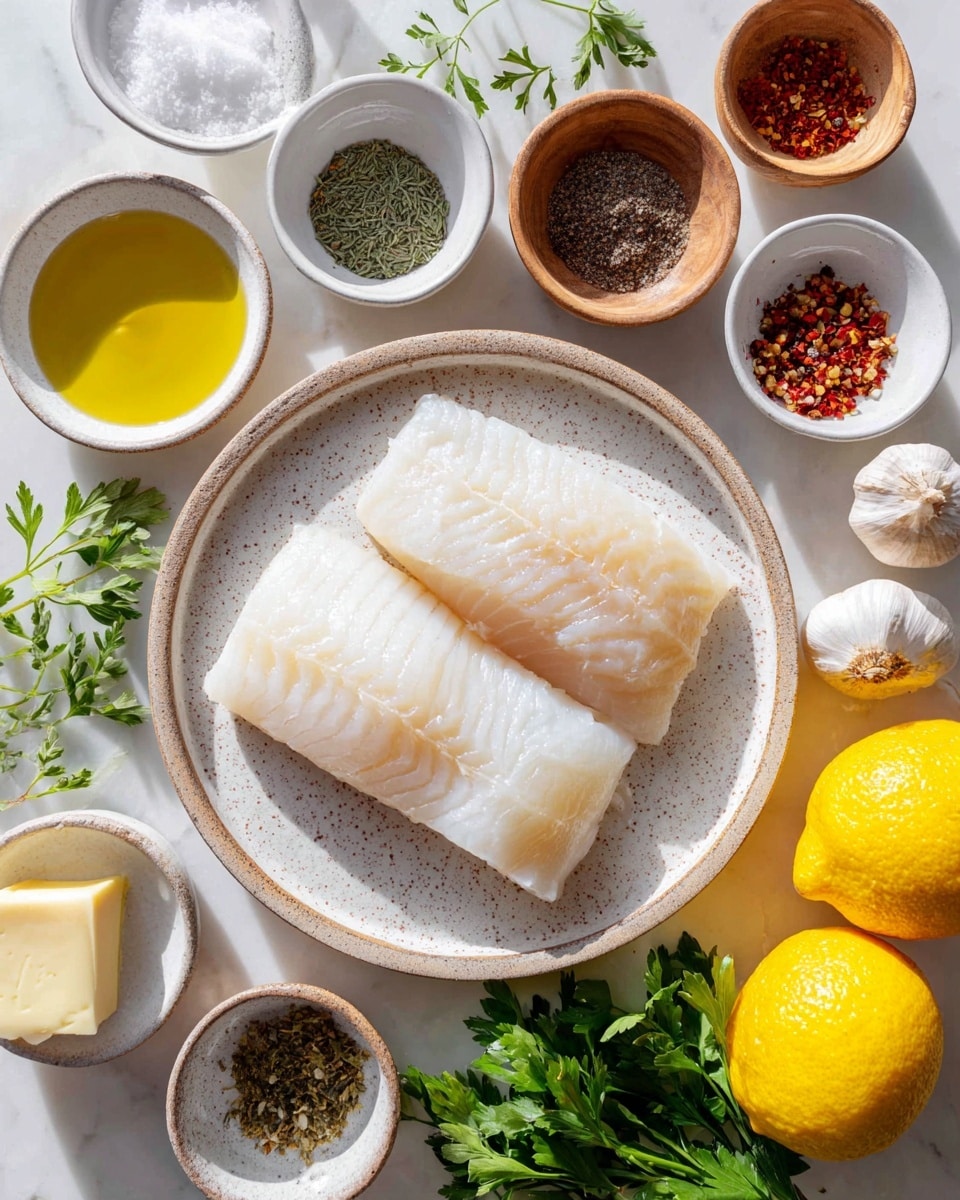 The image shows two white fish filets placed side by side on a round off-white speckled plate in the center on a white marbled surface. Around the plate are small white and wooden bowls holding different ingredients: kosher salt in a wooden bowl at the top center, black pepper in a wooden bowl at the top right, Italian seasoning in a small white bowl at the middle left, olive oil in a small white jug at the bottom left, and butter in a small white bowl at the bottom left corner near the olive oil. There are also small white bowls with oregano and red pepper flakes on the right side next to a whole garlic bulb. Two bright yellow lemons are placed at the bottom right, near fresh green parsley and fresh oregano sprigs. The whole setup is neatly arranged with natural light, emphasizing the fresh and simple ingredients. Photo taken with an iphone --ar 4:5 --v 7